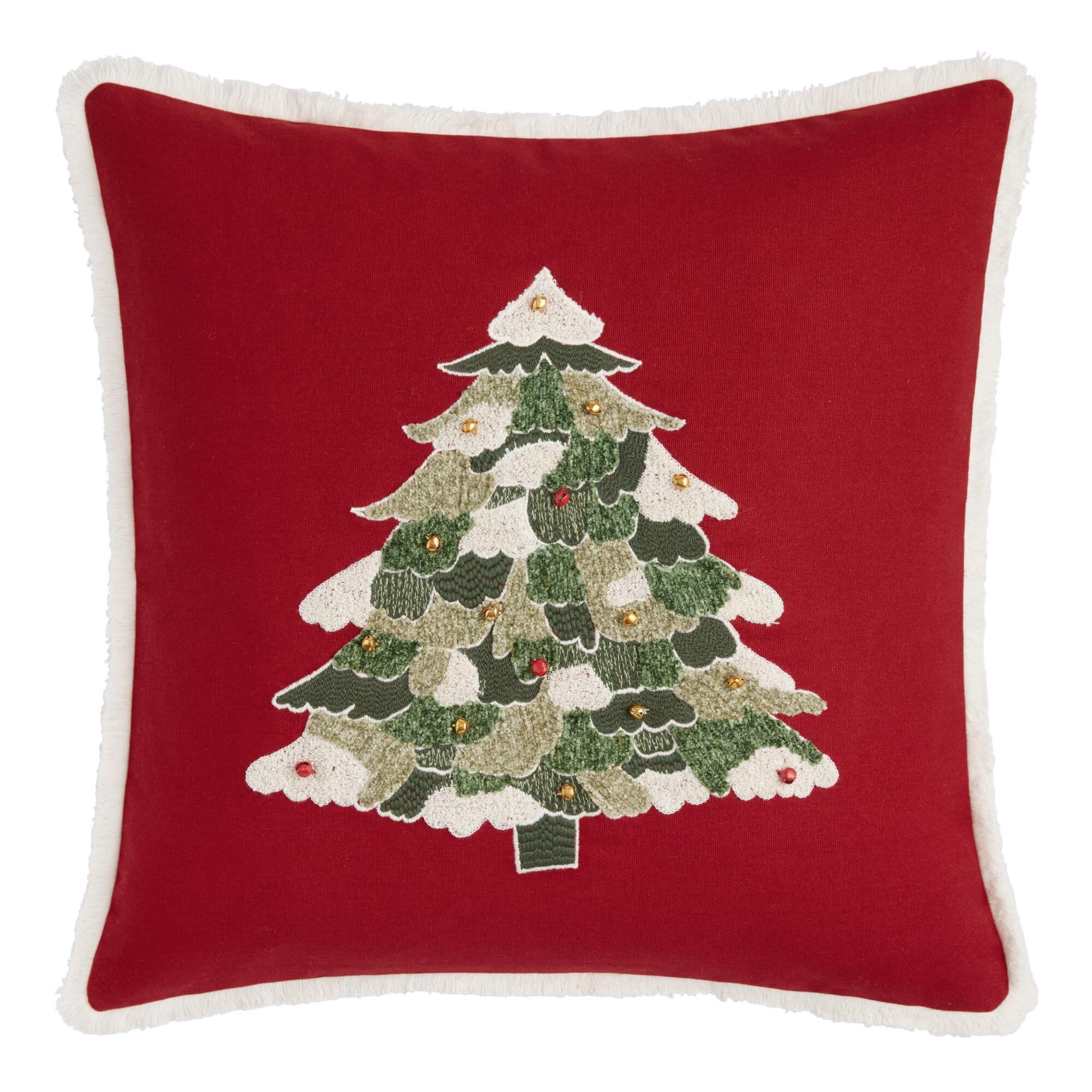 Pier Place Red Festive Tree Embroidered Throw Pillow: Green/Red - Cotton - 18" Square by World Market
