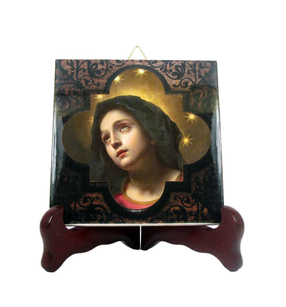 Christian Art - Madonna in Glory Icon On Ceramic Tile From A Painting By Carlo Dolci Virgin Mary Religious Decor