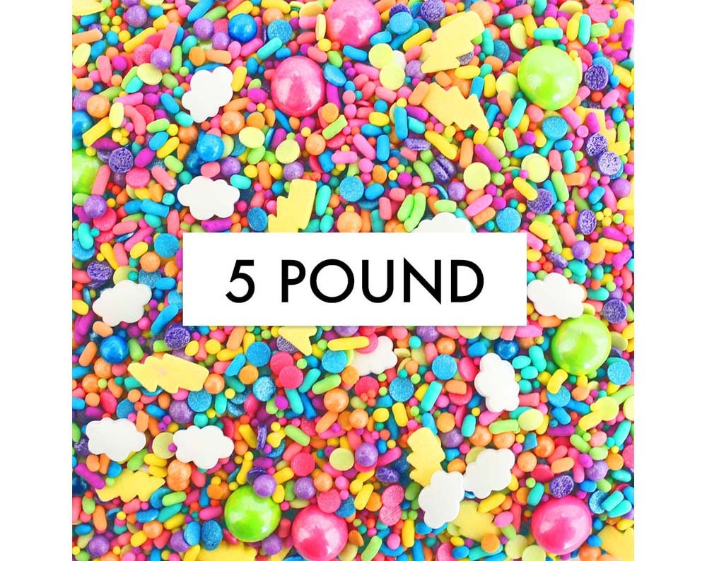 Electric Rainbow Sprinkle Blend - 5 Pounds Vibrant Blend Of Hot Pink, Orange, Yellow, Green, Blue, Purple, White Clouds, Lightning Bolts