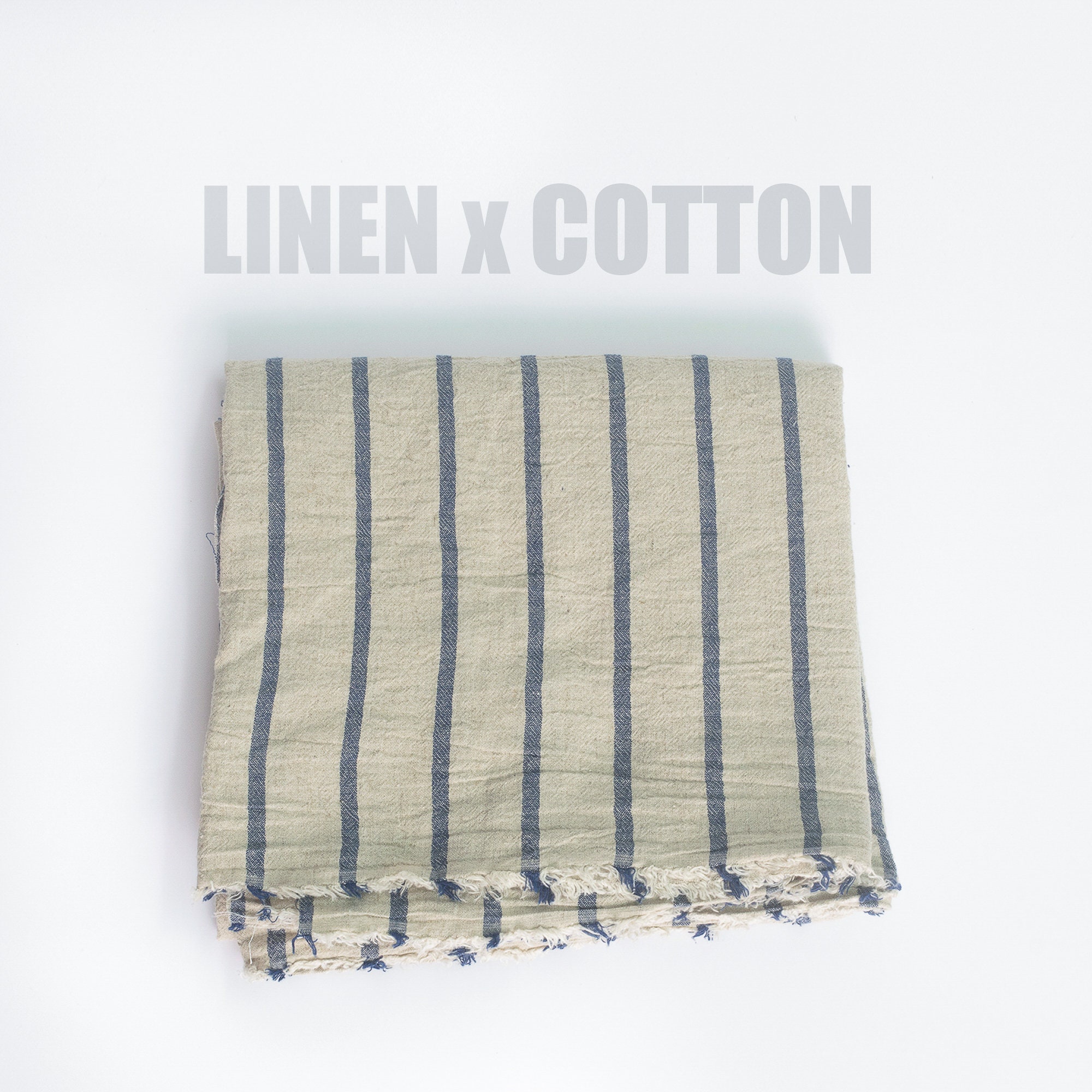 100% Lanna Striped Linen Blend - Natural Soft & Cotton Fabric, Navy Cream Fabric Blue Stripe Thai Textile