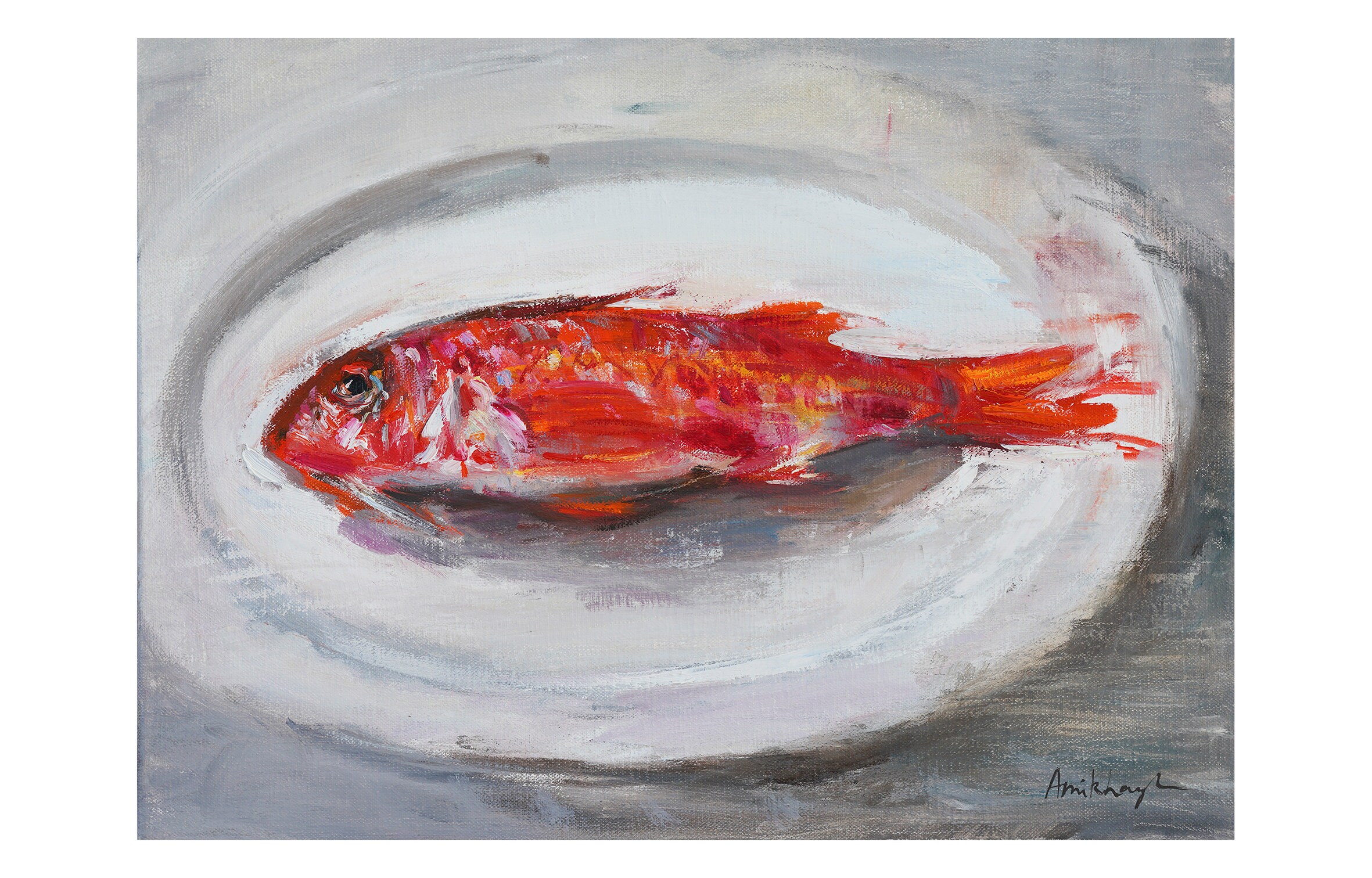 Red Mullet On White Plate, Original Oil Painting Stretched Linen Canvas Paintings Food Seafood Still Life Fishes Fishy Fish Foody Kitchen