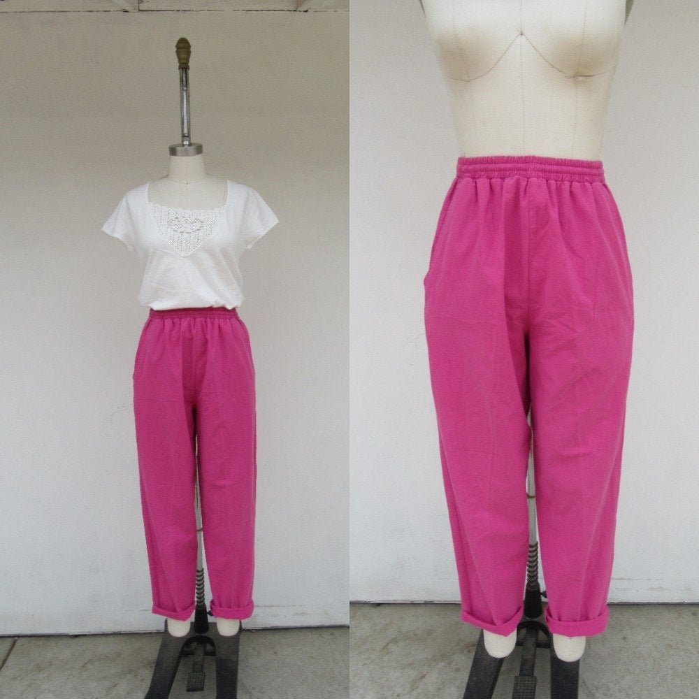 90S Fuchsia Cotton Blend Pink Easy High Waist Pants | Hot Mom Pull On Elastic 25 To 30