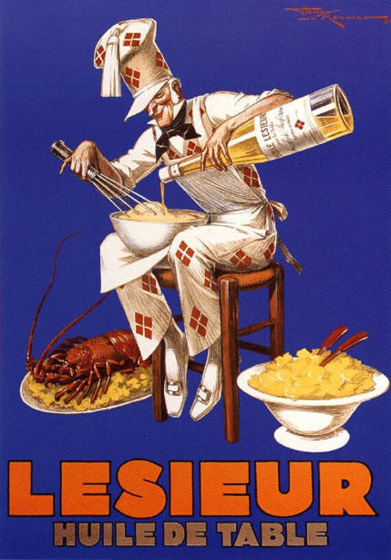 Olive Oil Cook Pasta Lobster Lesieur Seafood Spaghetti Vintage Poster Repro