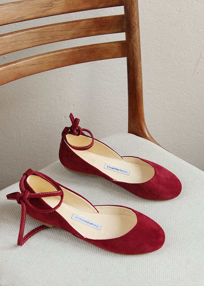 Cherry Red Nubuck Ballet Flats With Long Leather Ribbons
