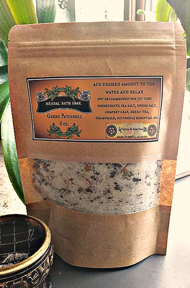 Green Patchouli Bath Salt Blend ~ Soaking Tea, Relaxing Epsom Salts, All Natural Bath Salts, With Chamomile & Green Tea, Witchcraft