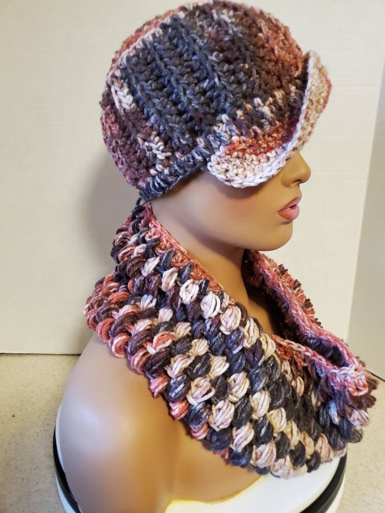 Red & Brown Blend Hat With Matching Scarf -Earth Tones Crochet - Set Cap Custom Colors Available