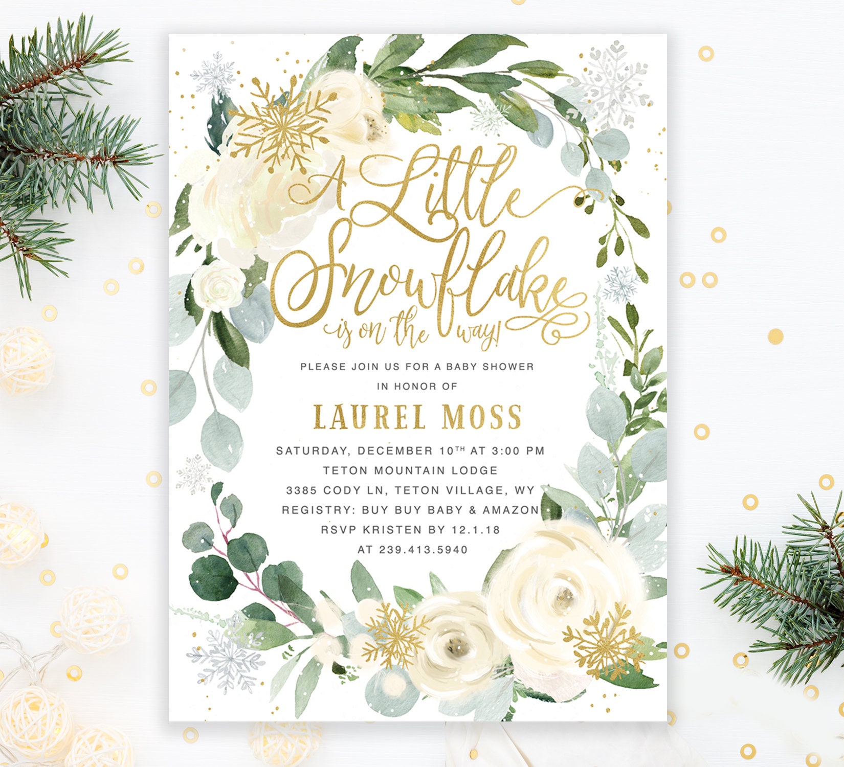 Snowflake Baby Shower Invitation, Winter Invite, A Little White Florals, Snow & Greenery - Holiday 45