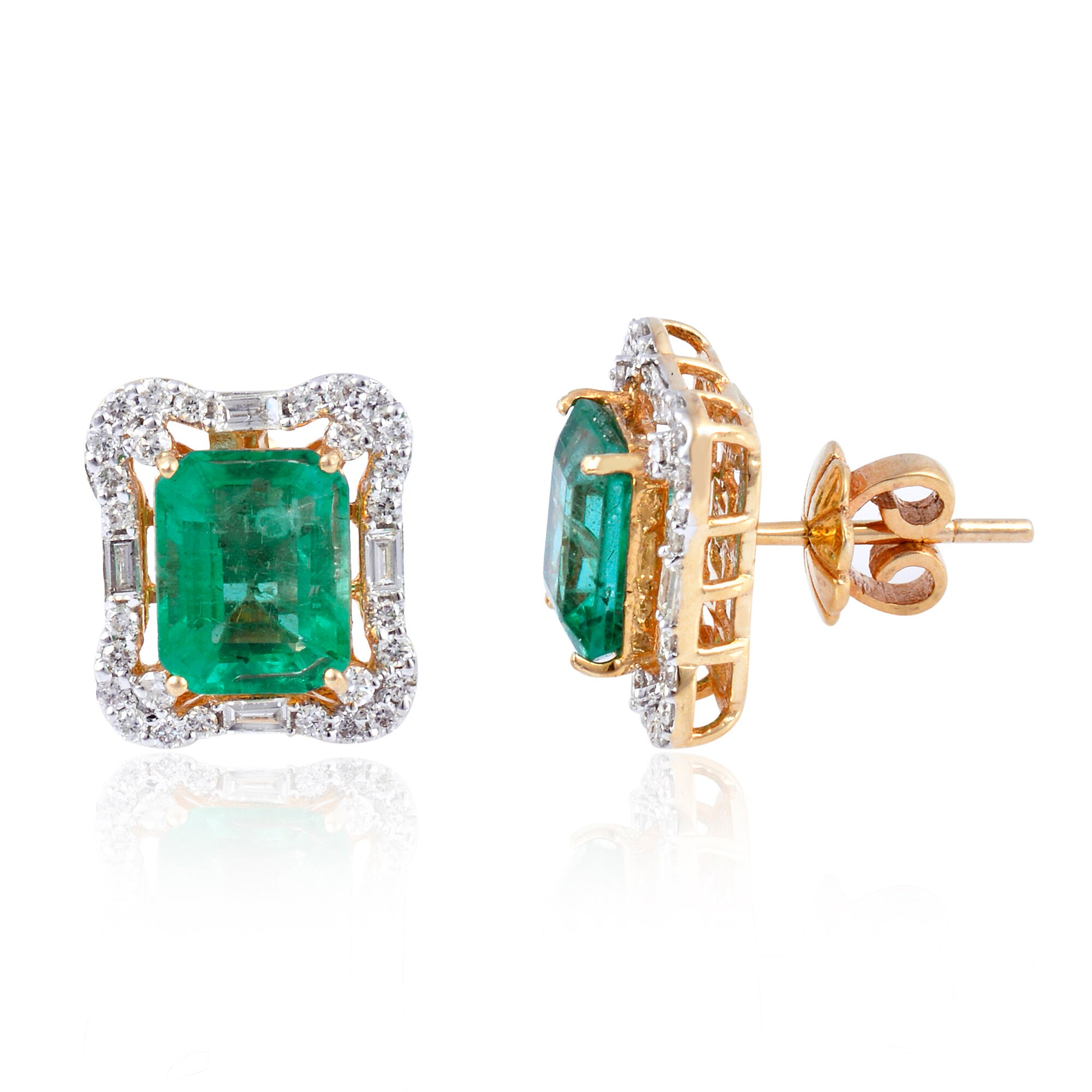 Natural Emerald Gemstone Stud Dainty Mini Jewelry 14K Yellow Gold Studs Diamond Halo Earrings Birthday & Anniversary Gift