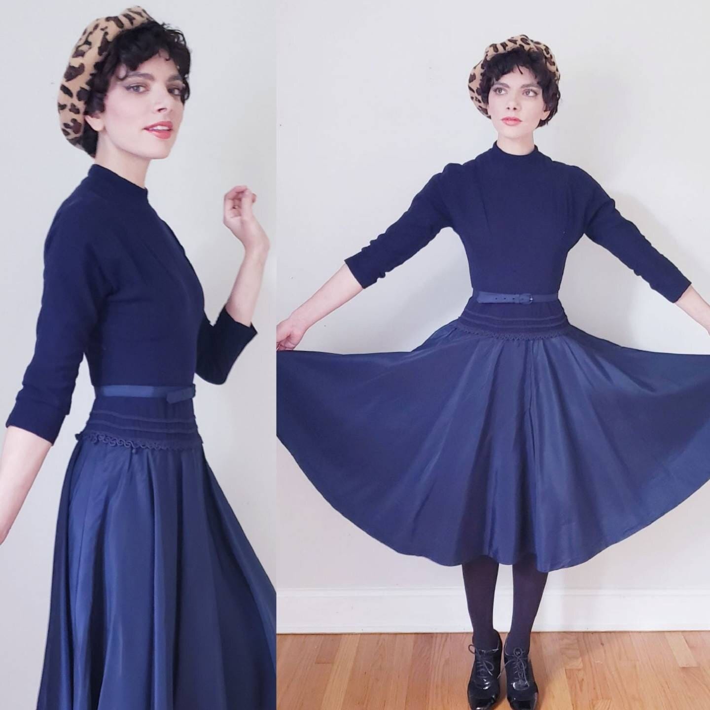 1950S Navy Blue Dress Wool Blend Top Taffeta Skirt/50S Day Three-Quarters Sleeves Full Circle Small