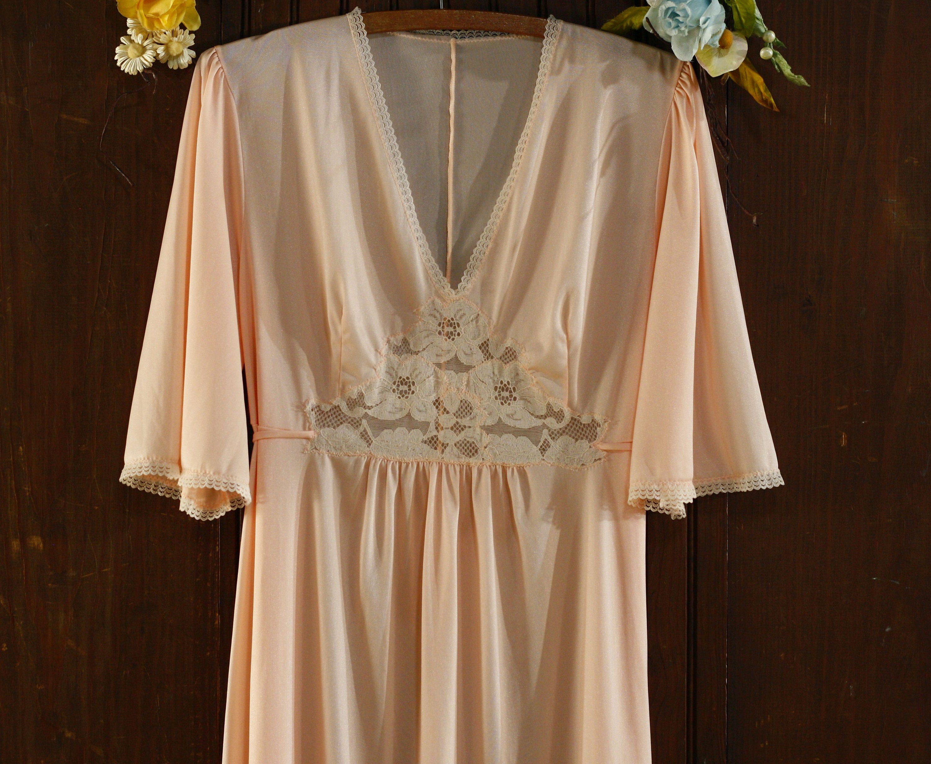 Peach Floral Lace Empire Waist Long Maxi Flutter Sleeve Dress Nightgown // Ram Turkey M