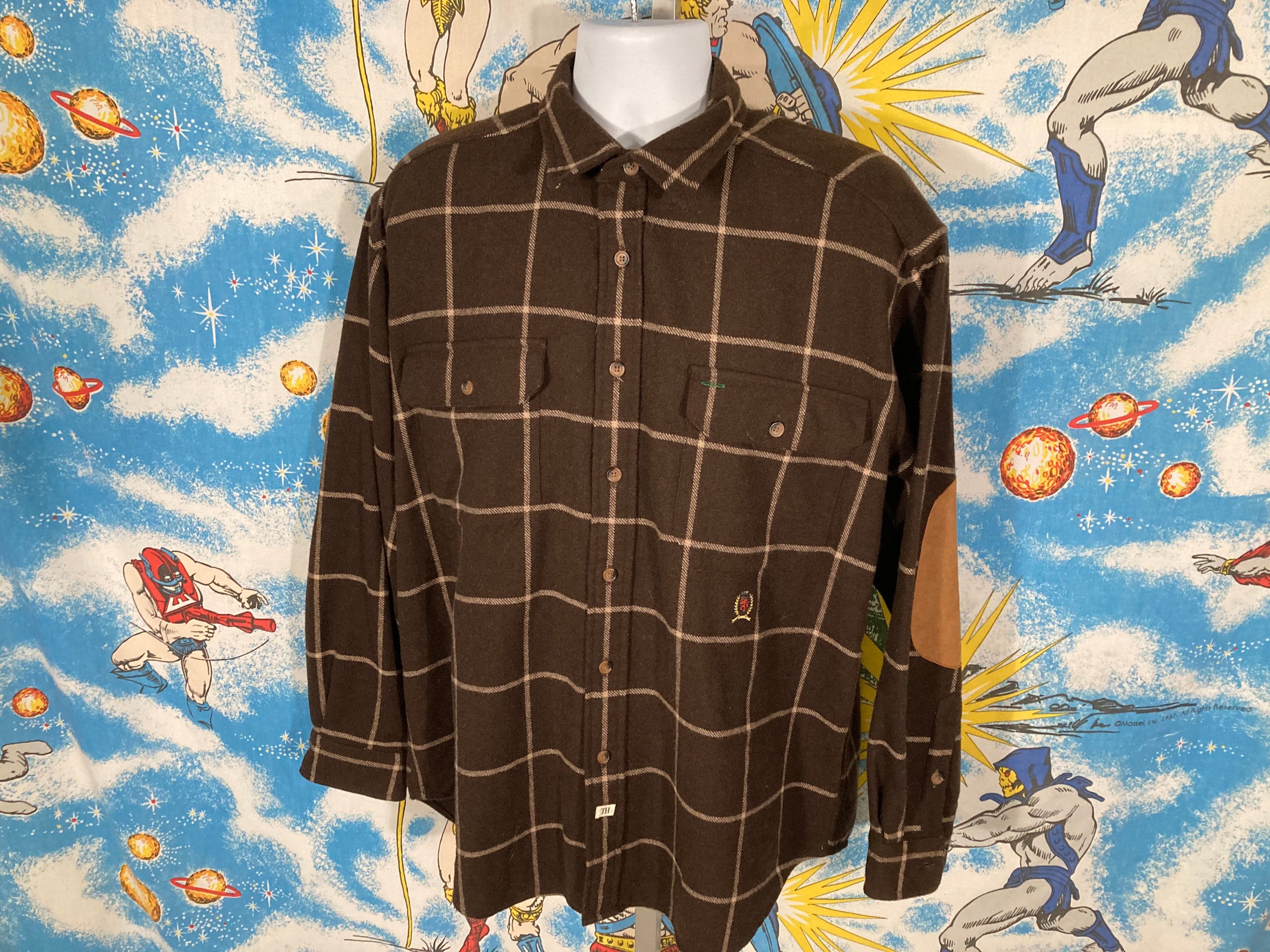 Vintage 90S Tommy Hilfiger Wool Blend Flannel Shirt W Elbow Pads - Sz L Preppie Flag Tag Polo