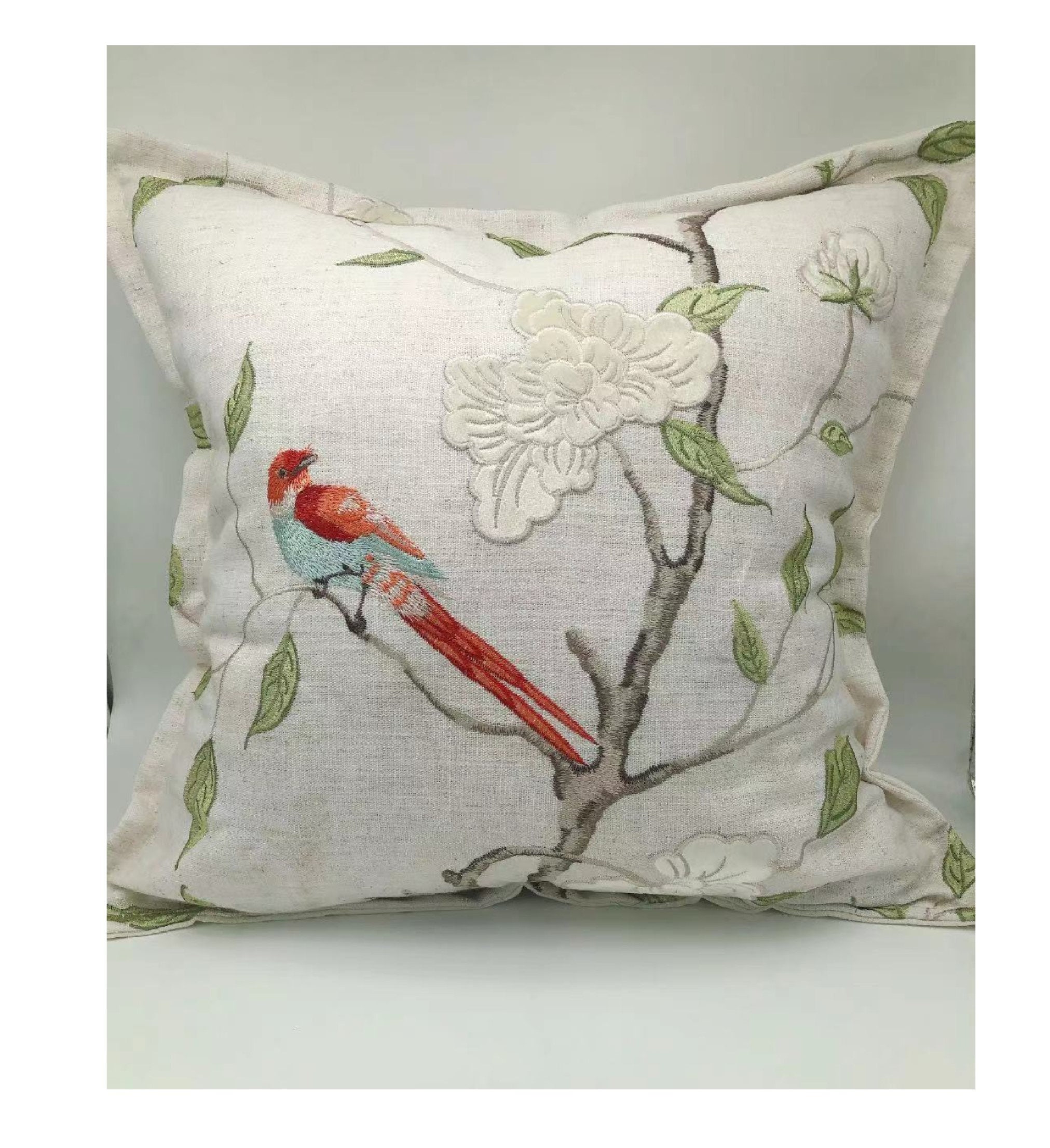 Linen Pillow Cover|Beige Blend Embroidered Floral & Bird Decorative Pillow|Throw Cover Cushion Lumber