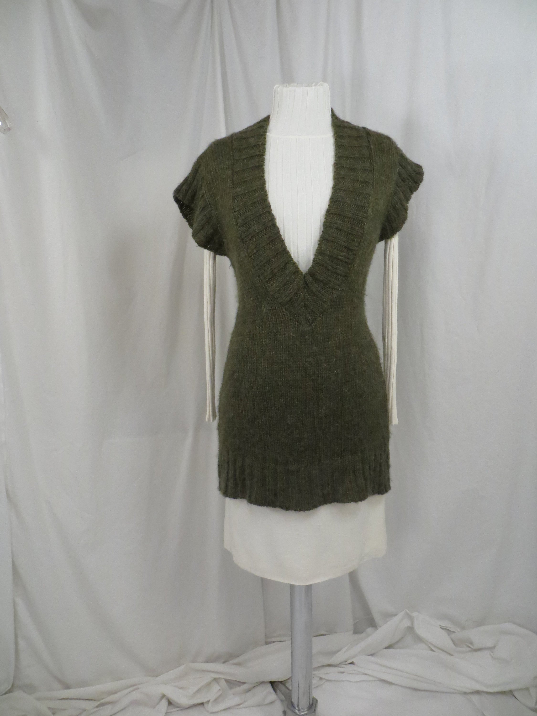 Usa Knit Sweater Vest Mohair Blend Washable Long W Deep V Plunge Vintage 90's Sm M Olive Green Copper Flecks Versatile Layering