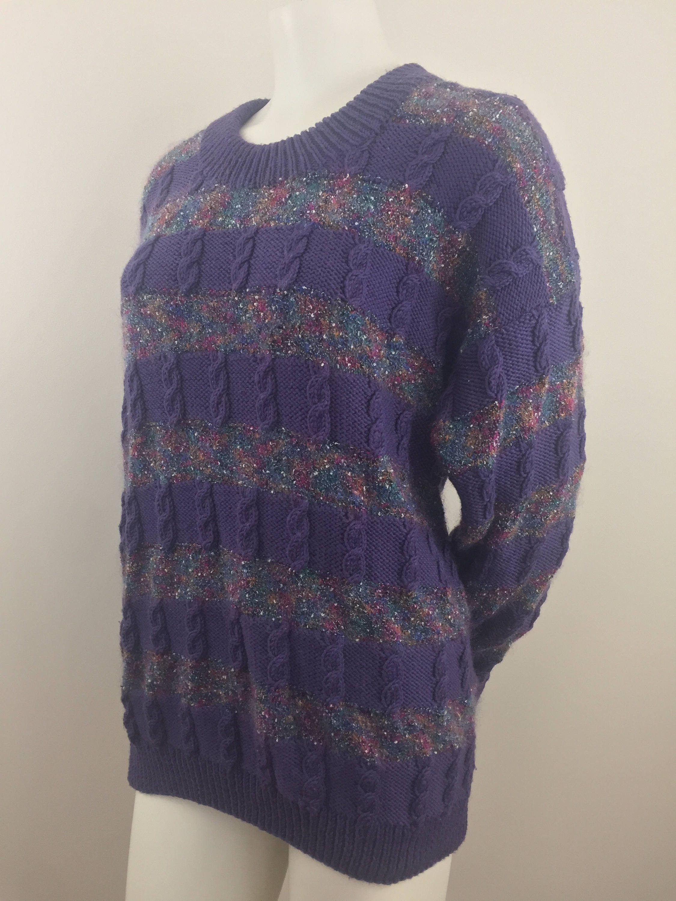 1990's Purple Mohair Blend Sweater|Hand-Knitted Sweater|Horizontal Striped Sweater|Fuzzy Wool Sweater|Cozy Casual Sweater|Size L