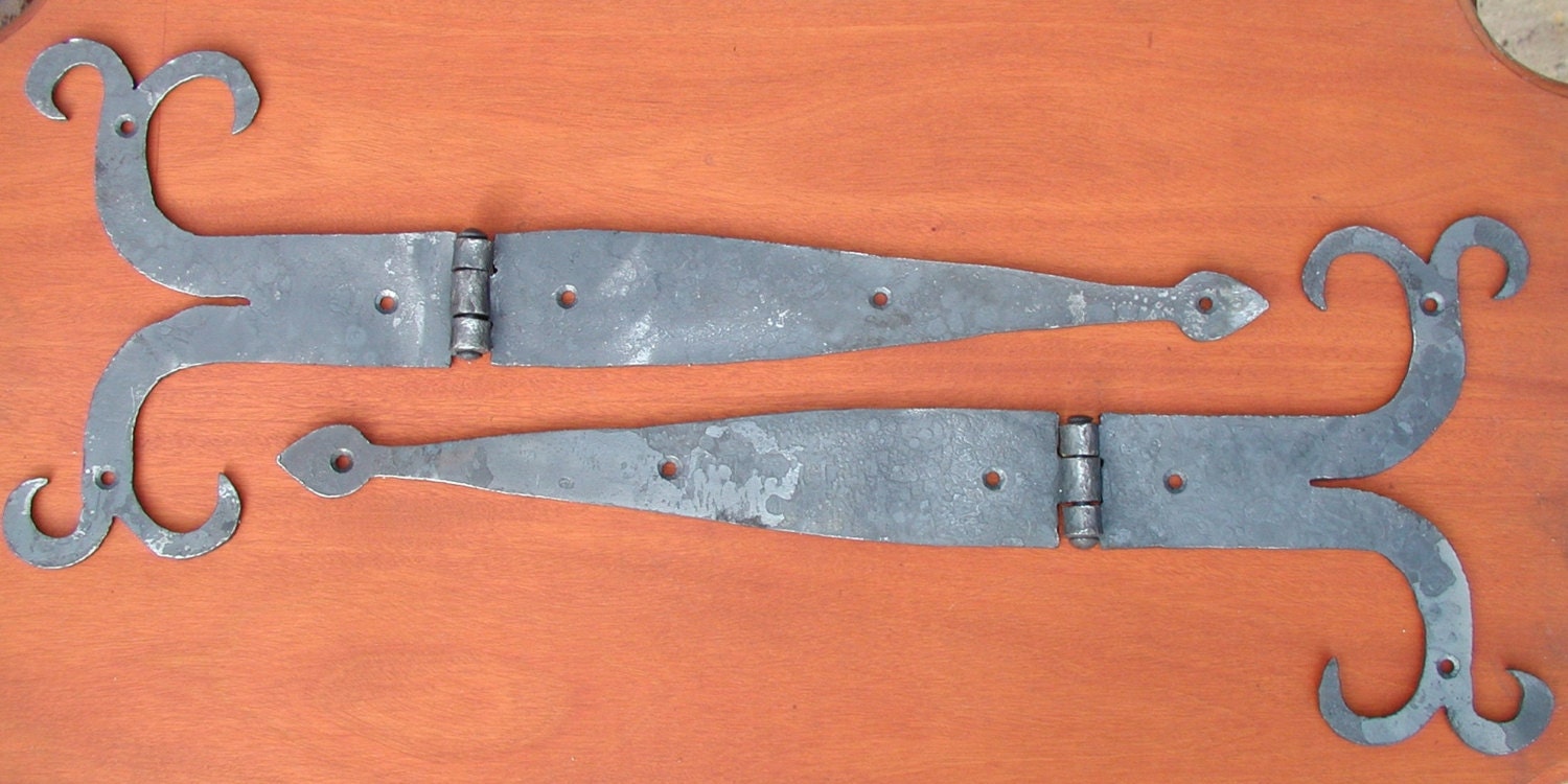 Ram Horn Strap Hinge Pair Of 2 15 Inch Wrought Iron Pa. Dutch With Bean End, Hand Forged By Blacksmith