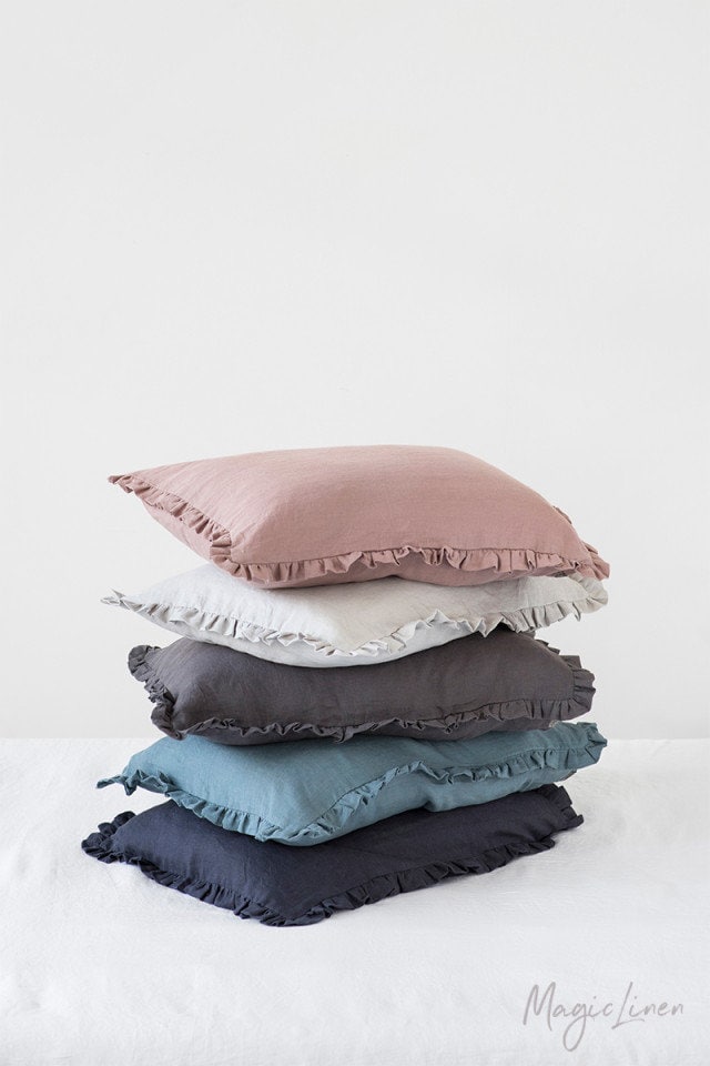 Ruffled Linen Pillow Case in Various Colors. Stone Washed, Soft Ruffle Cover