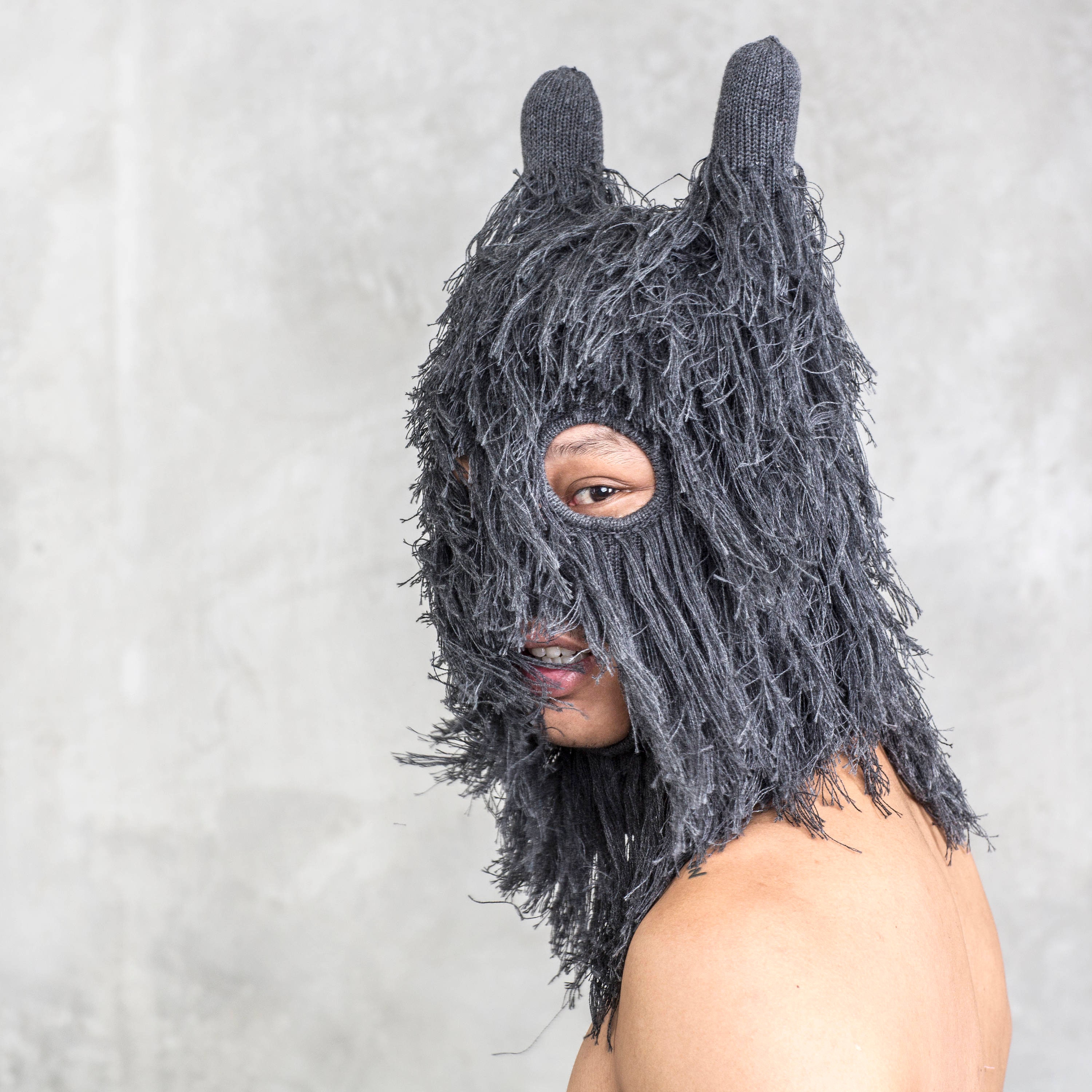 Rambut Hairy Creature Mask - Handmade Balaclava For Men & Women Surreal Goat? Yeti? Monster Fun Cotton Knit W/Horns