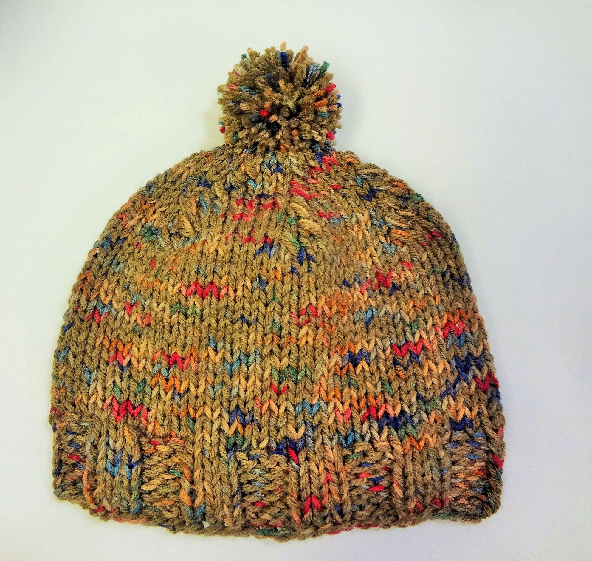 Hand Knit Acrylic Yarn Blend Pompom Hat