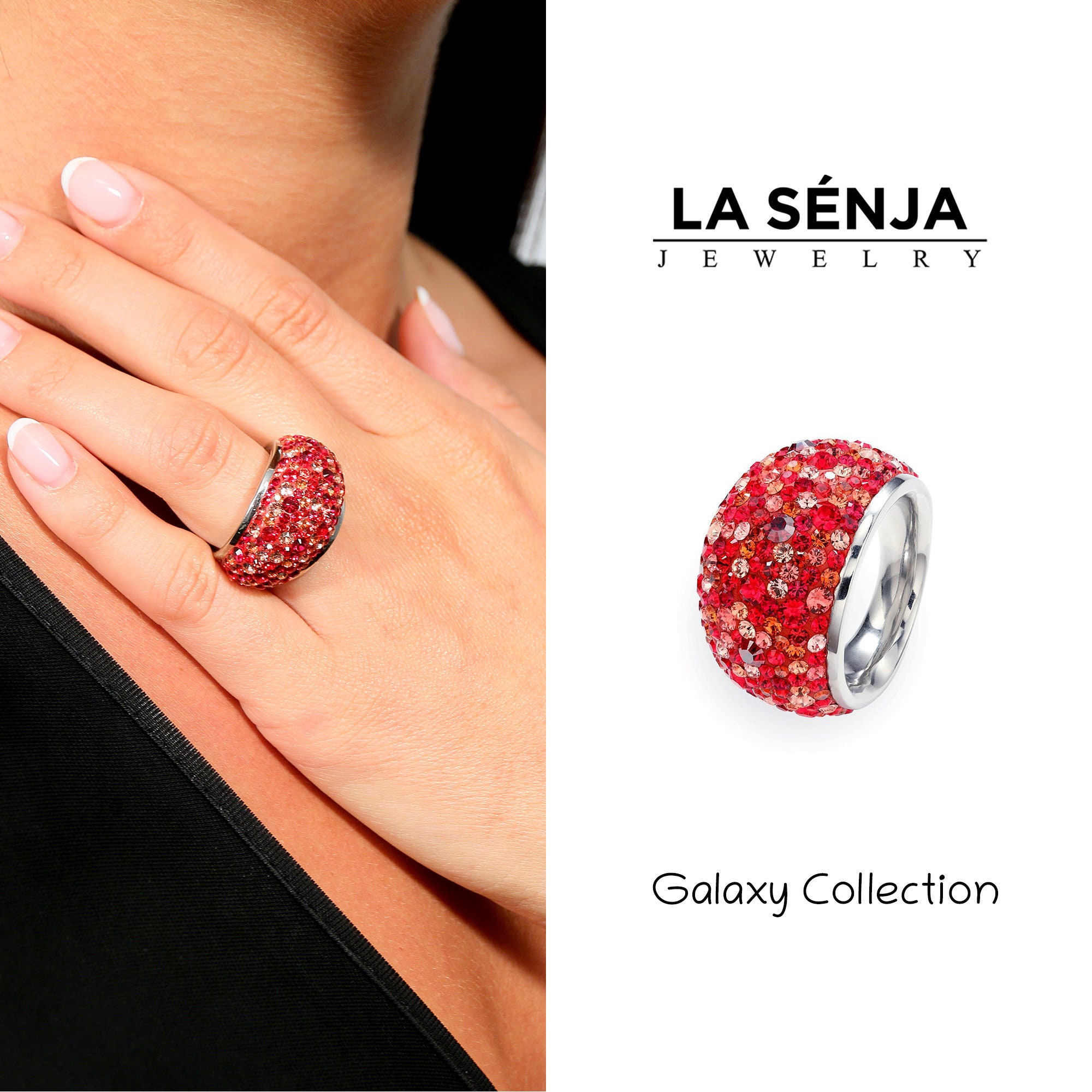 Swarovski Red Ring For Women Sparkly Crystal Statement Cocktail Handmade Multi Stone
