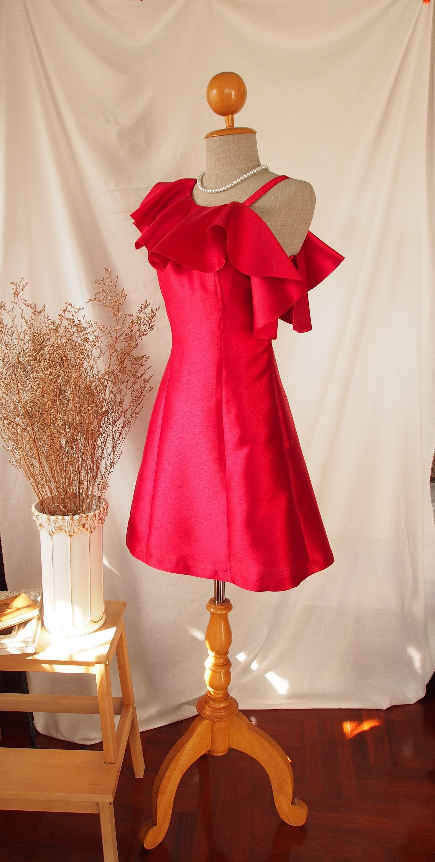 Emma - Red Prom Dress One Shoulder Party Shining Silk Big Ruffle A Line Shape Bridesmaid Wedding Date Night Formal Elegant Dress