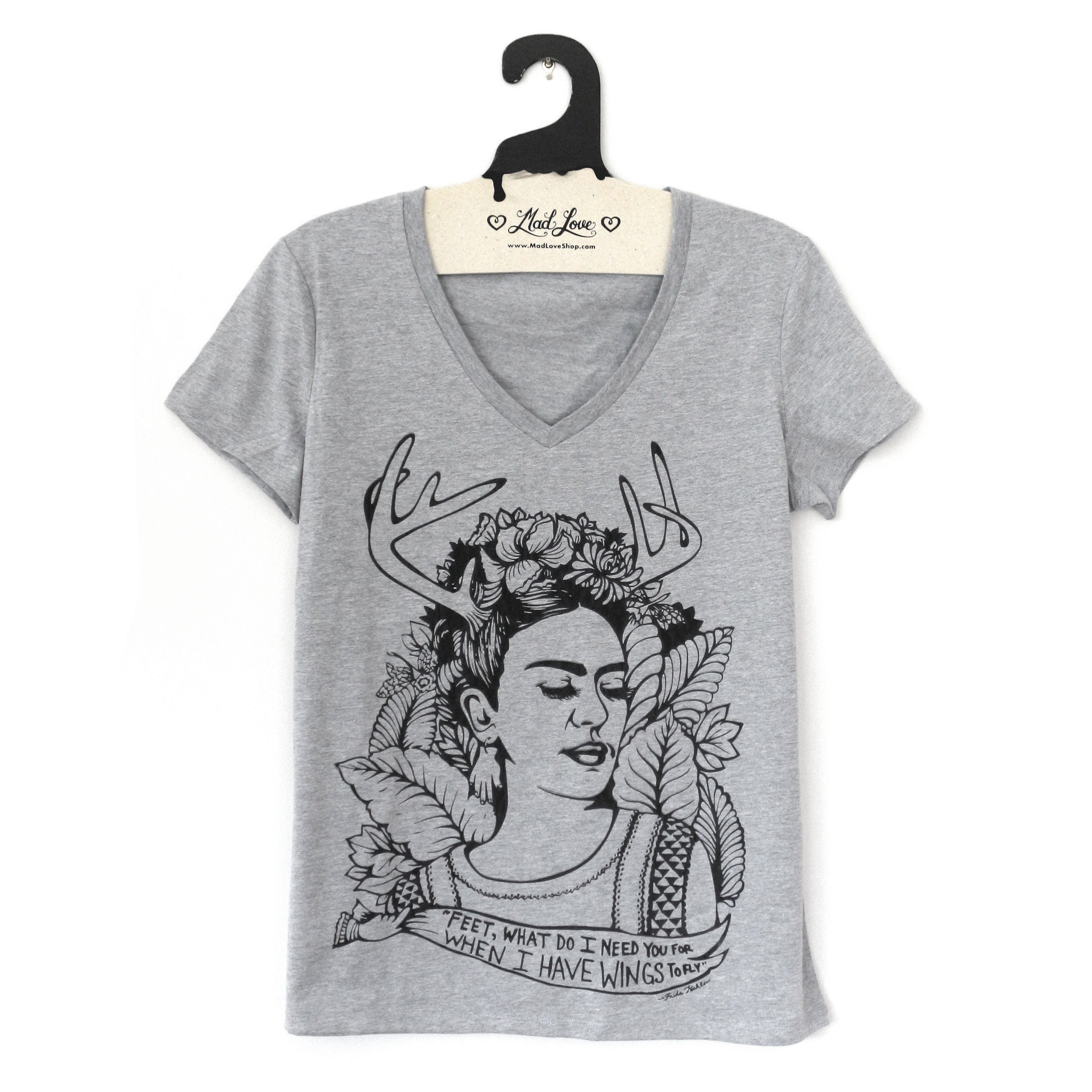 Small Heather Gray Tri-Blend V-Neck Tee With Frida Screen Print