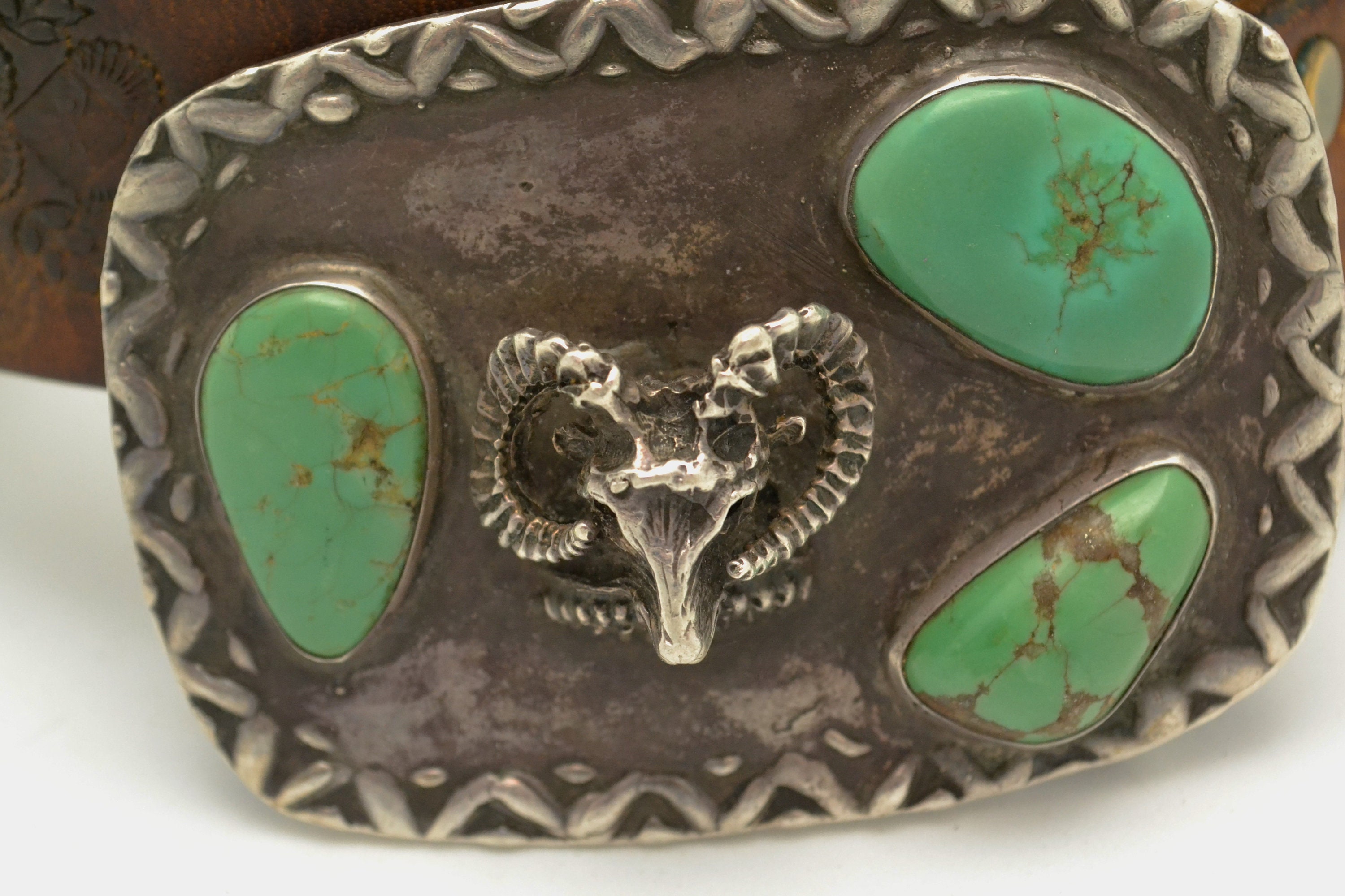 Vintage Sheep Head & Kingman Turquoise Belt Buckle With Size 40 Leather Custom Made Unique Gift For Him