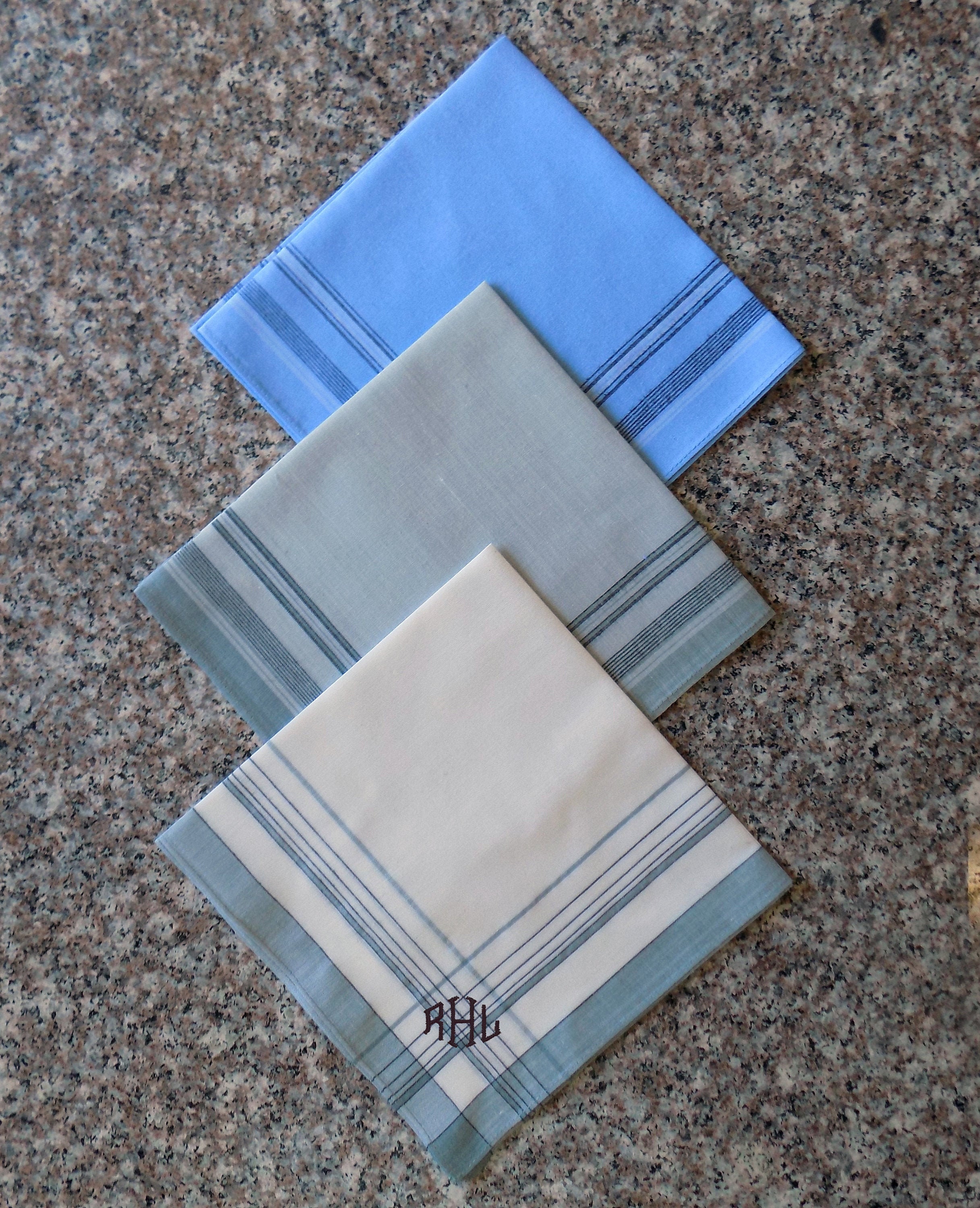 Personalized Men's Cotton Blend Blue, Ivory Or Grey Stripe Handkerchief