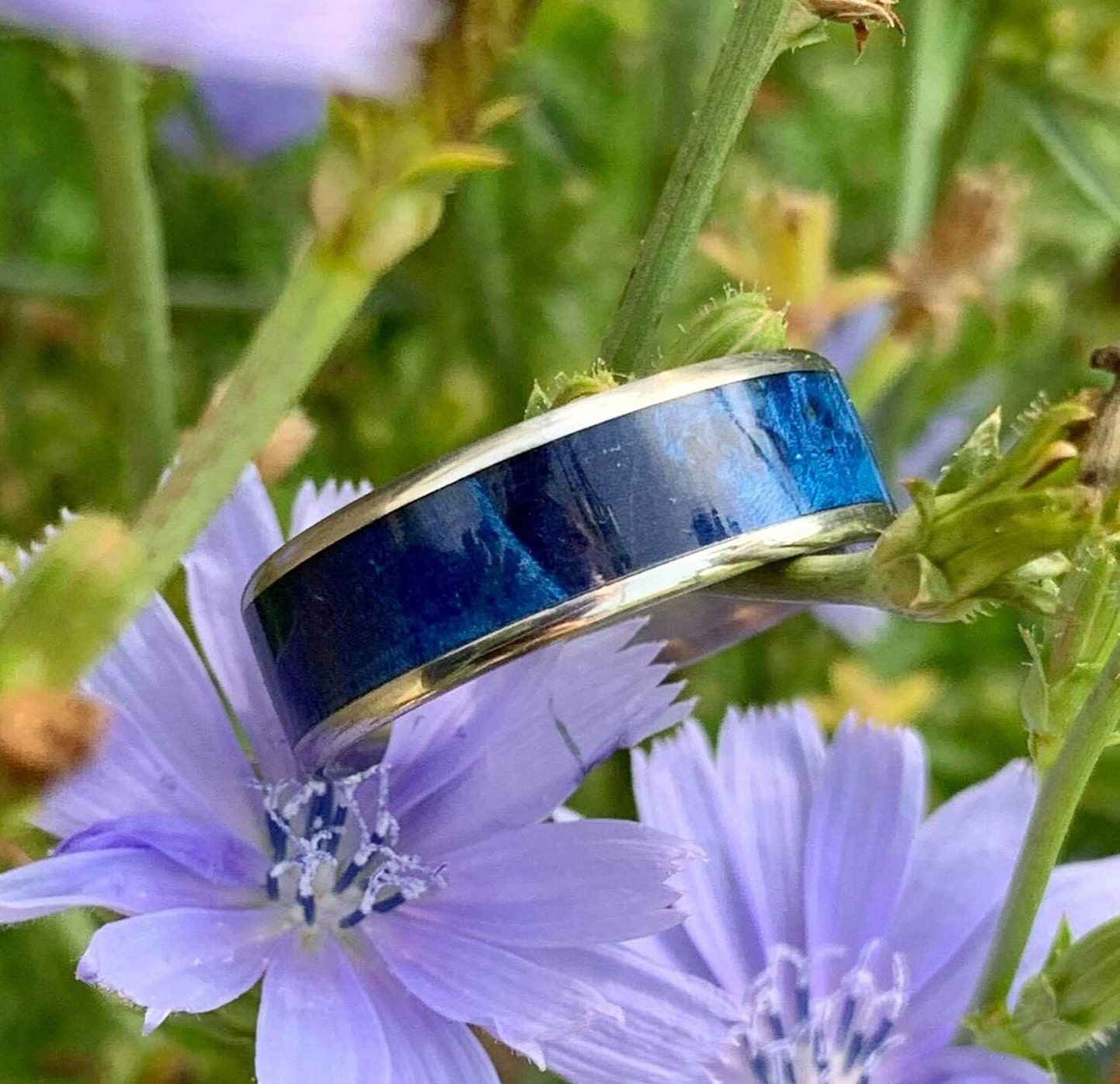 Titanium Ring With Blue Wood Inlay - Mens Wedding Band For Him