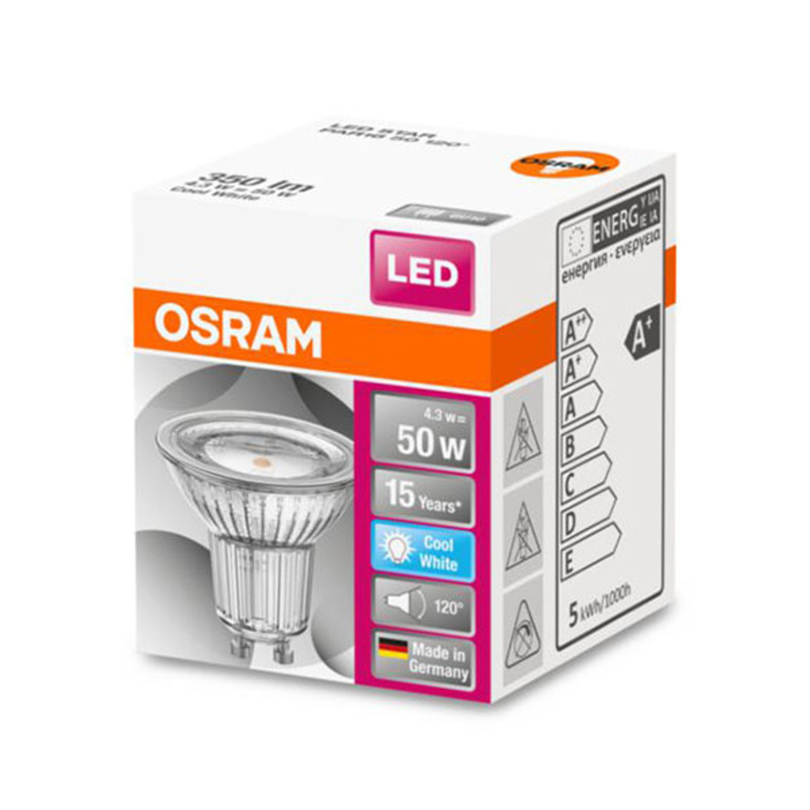 OSRAM-LED-heljastin GU10 4,3W perusvalkoinen 120°