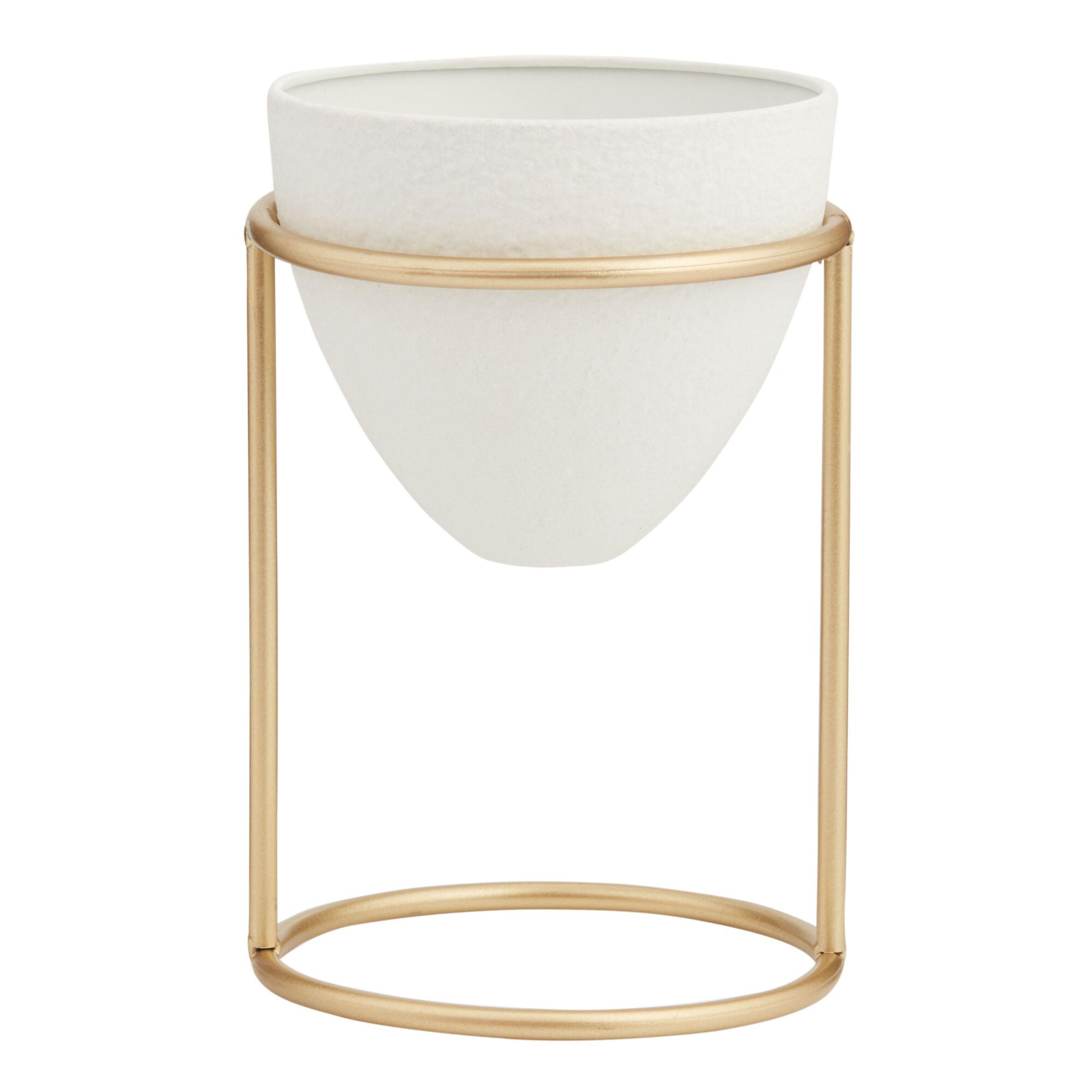 White Faux Cement Tapered Planter With Gold Stand: White/Gold - Metal by World Market