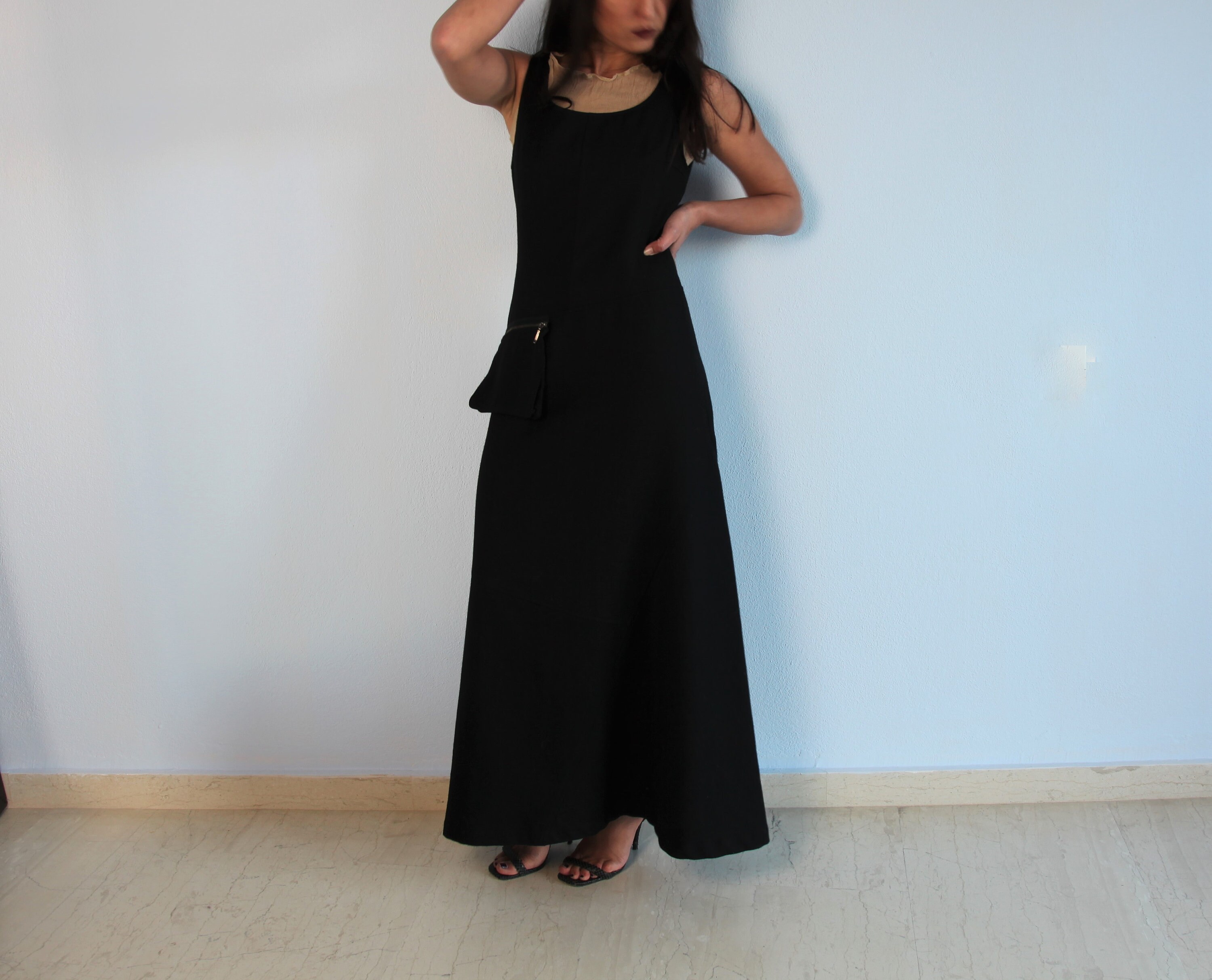Vintage Black Wool Blend Maxi Sleeveless Winter Dress.size 38 | xs-S