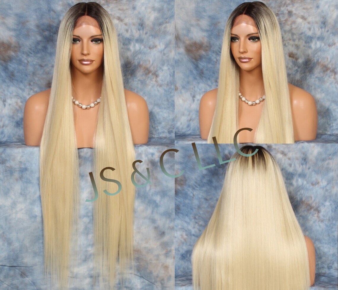 45 Human Hair Blend Lace Front Wig Hand Tied Center Part Straight Heat Safe Pale Blonde W Dk Roots Cancer/Alopecia/Cosplay/Anime/Emo