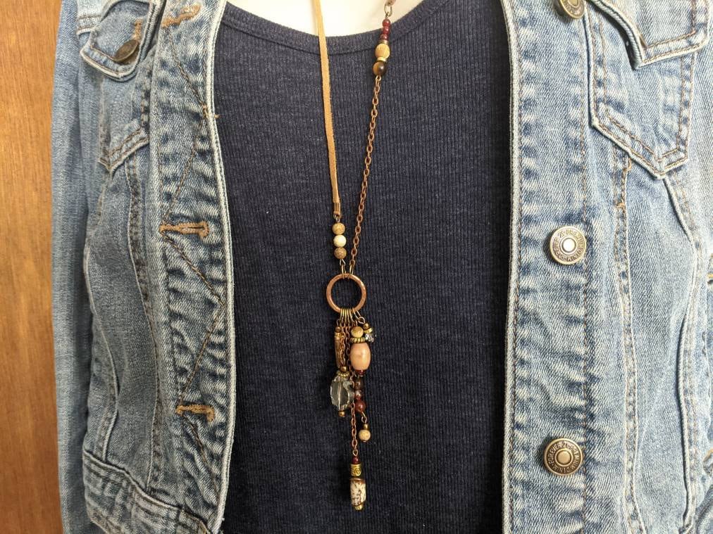 Long Boho Necklace, Mustard & Rust Orange Agate, Womens Necklaces, Ladies Healing Crystals in Bohemian Style By Jt Maui