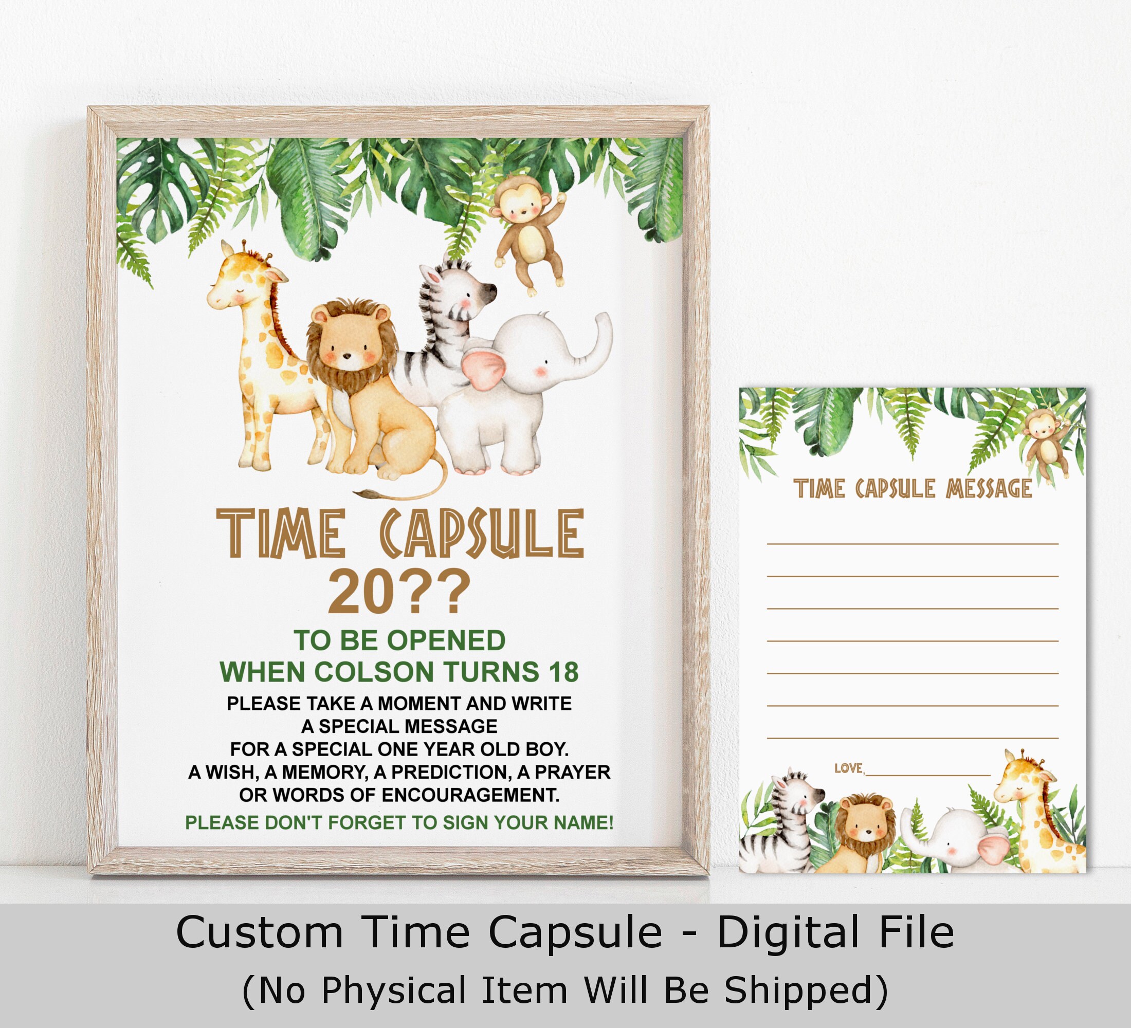 Time Capsule Safari Birthday Jungle Wild One Animals First Party Printable File A95 C94
