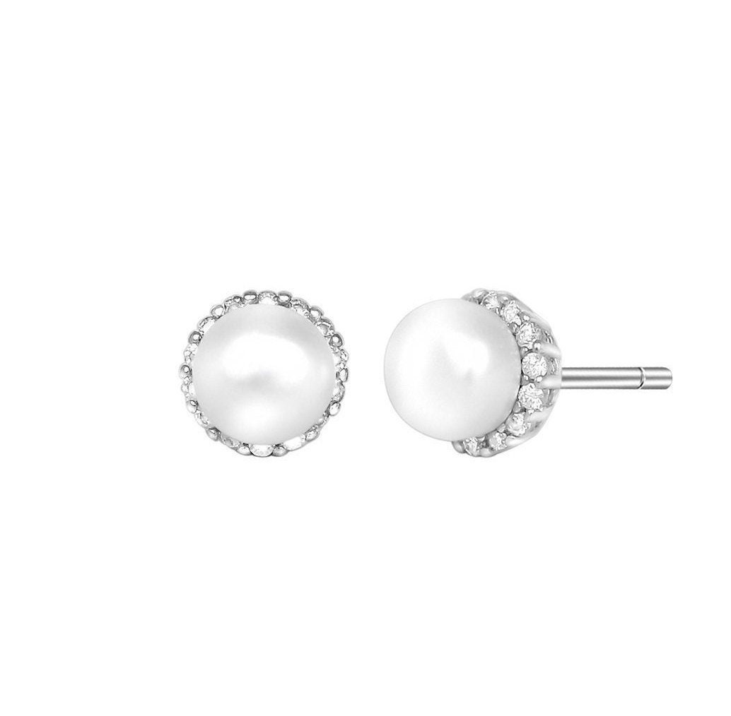 Halo Fresh Water Pearl Wedding Stud Earrings - Bridal Jewelry Bridesmaids Gift Flower Girl Earrings Sterling Silver Crystal