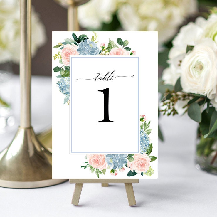 Blue & Blush Floral Table Number Cards 5x7 Printed - Olivia Collection