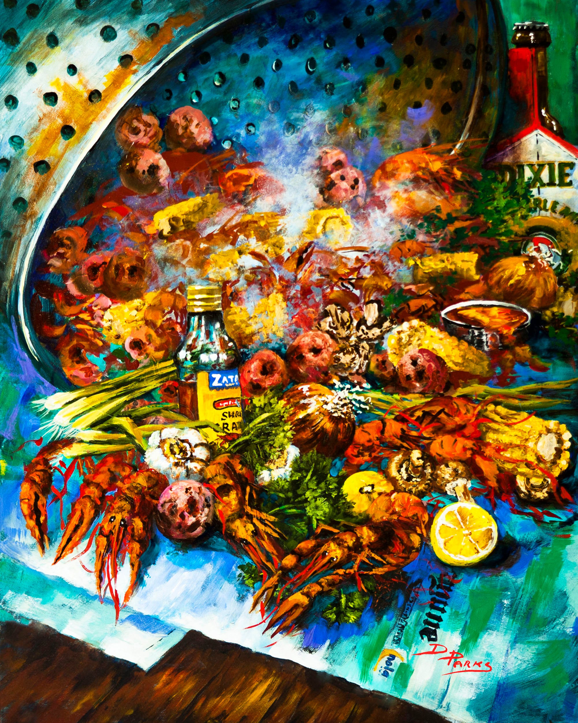 Crawfish Table Painting, Louisiana Seafood Boiling Pot, Dixie Beer, Zatarain's Hot Sauce, New Orleans Art, Food - "Crawfish Time'