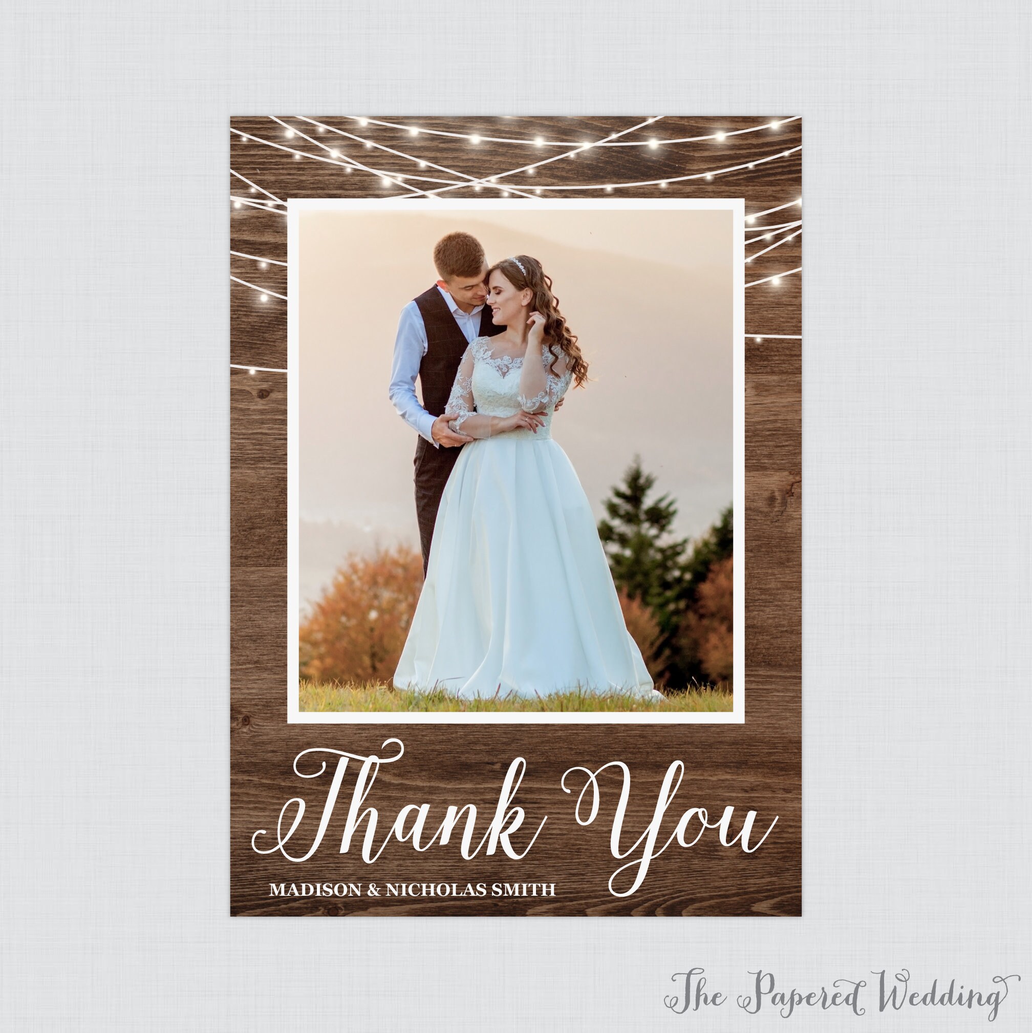 Printable Or Printed Rustic Photo Thank You Cards - Wood & String Lights With Picture, Personalized Country Barn Card 0036