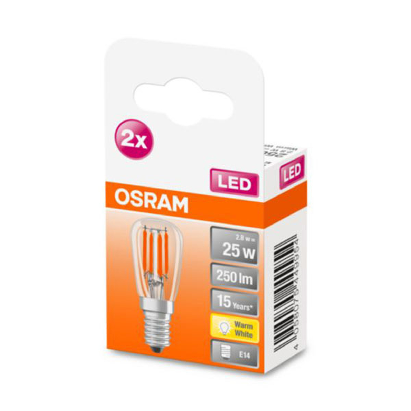 OSRAM-LED-lamppu E14 T26 2,8W 2700K kirkas 2 kpl