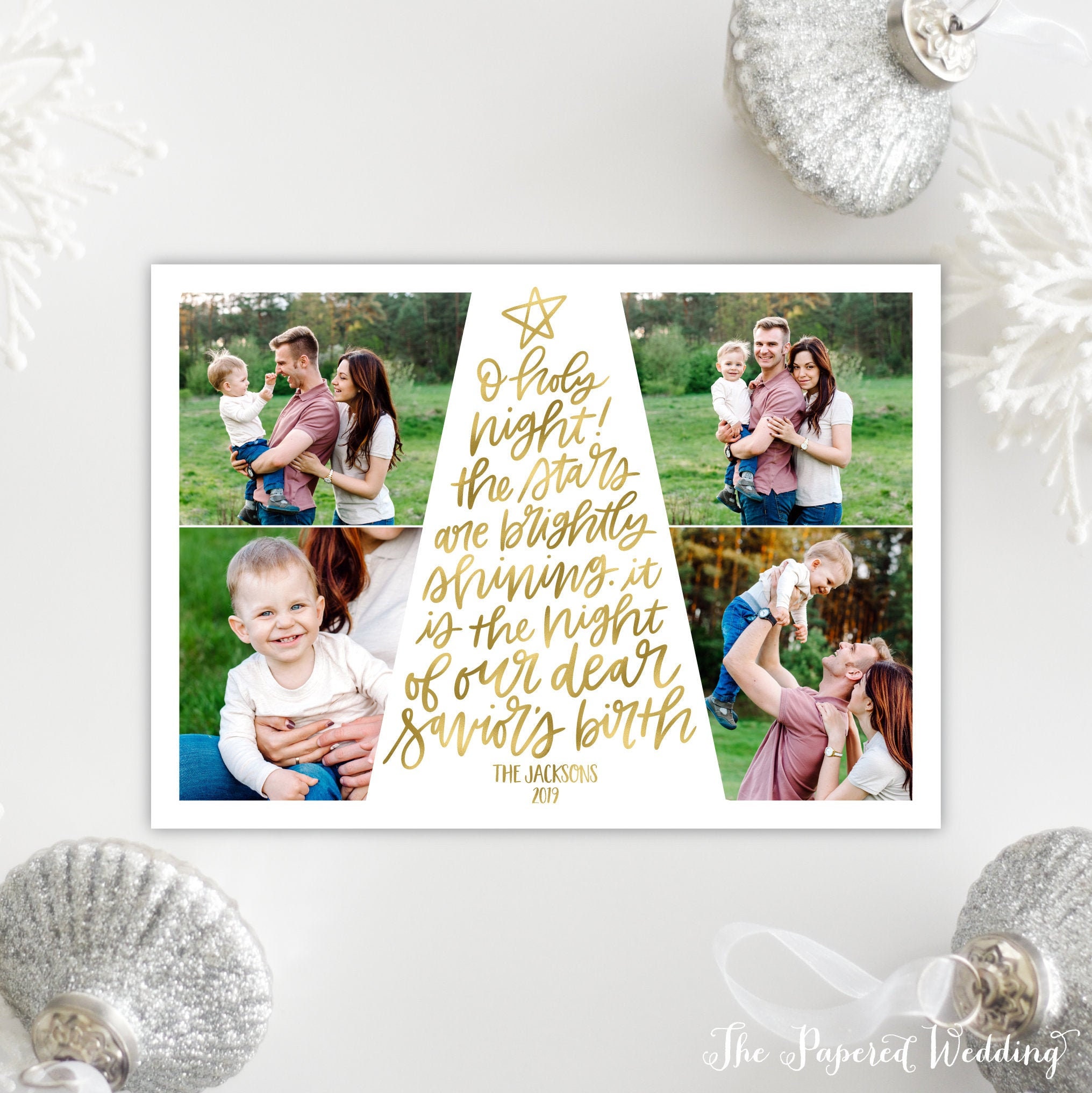 Printable Or Printed Photo Collage Christmas Cards With Oh Holy Night Lyrics in Faux Gold Foil - Four Pictures Holiday 109 P4