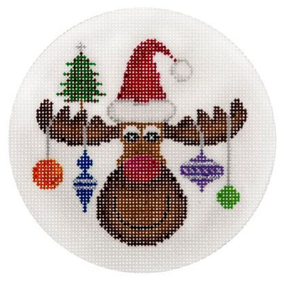 Needlepoint Handpainted Christmas Jp Moose with Ornaments 4.5 - Free Us Shipping