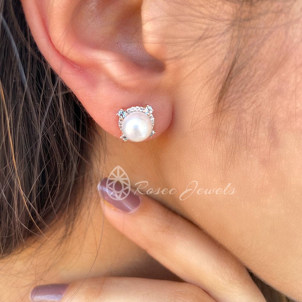 6.50 Ct Freshwater Pearl Earrings, Diamond Aquamarine Stud Halo Statement Earrings