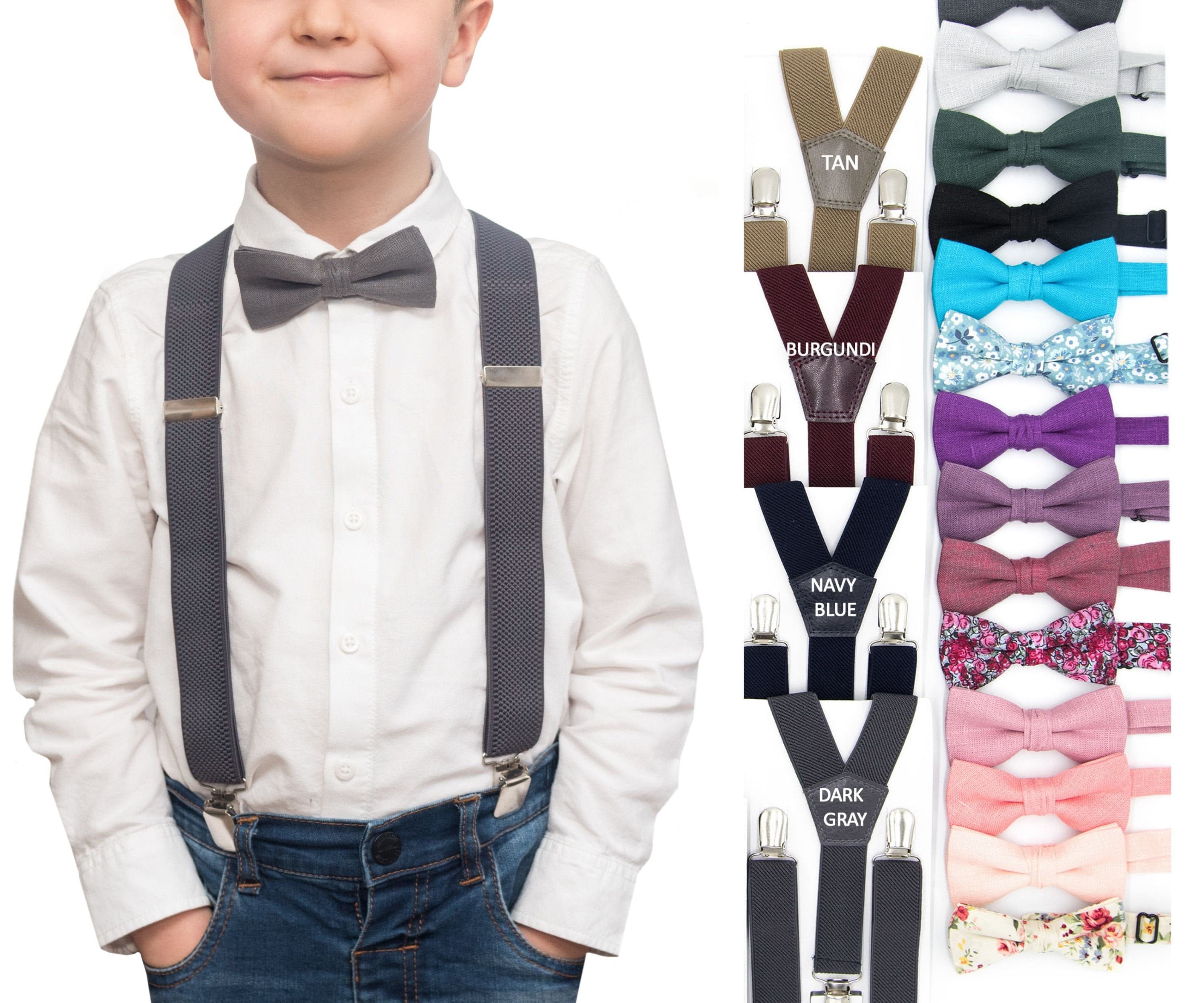 Ring Bearer Outfit Wedding Bowtie Suspender Set Blush Pink Bow Tie & Light Gray Suspenders
