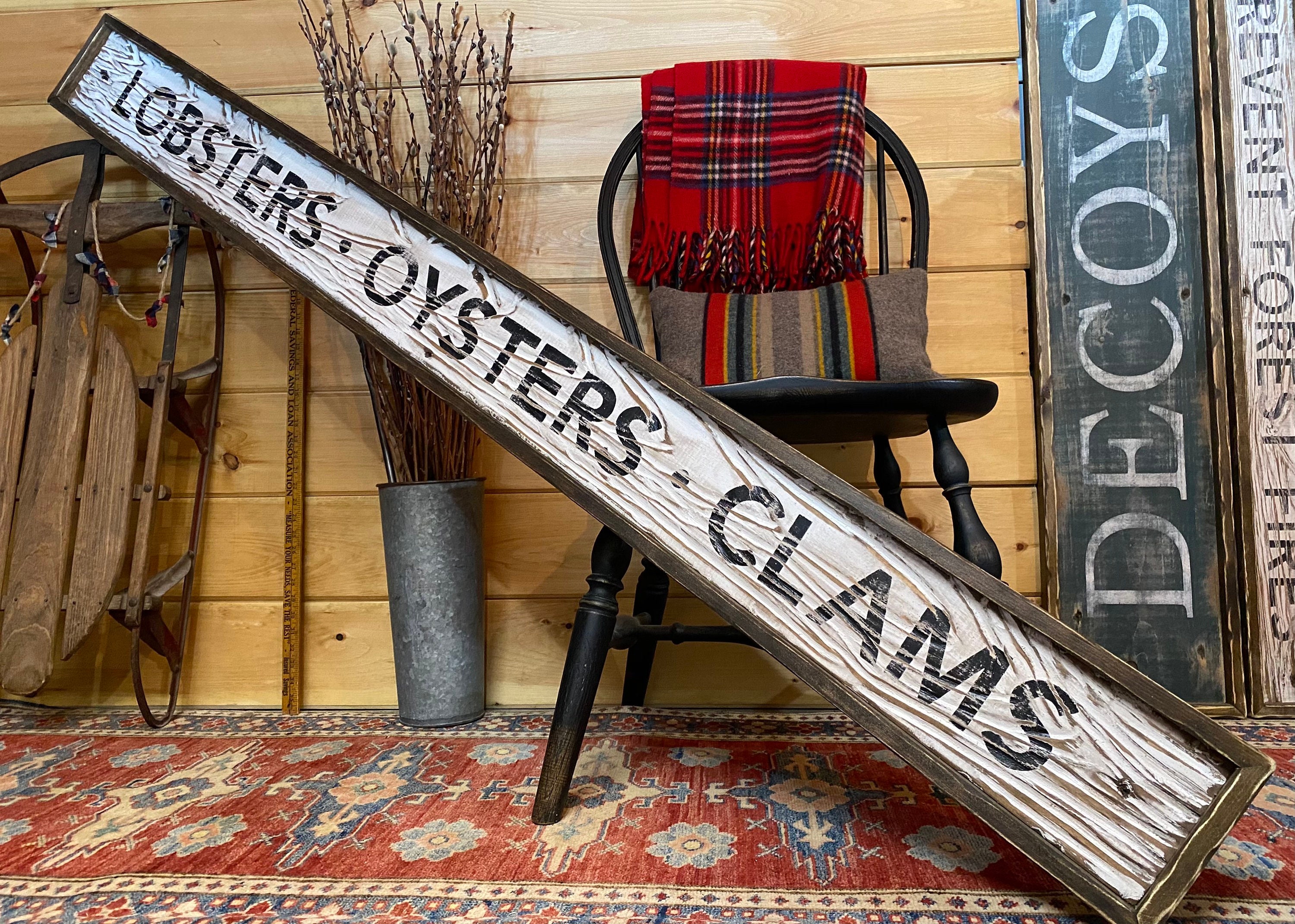 Seafood Wood Sign, Lobsters Oysters Clams Coastal Decor, Beach House, Nautical, Fresh Oyster Bar, Maine Large 6Ft