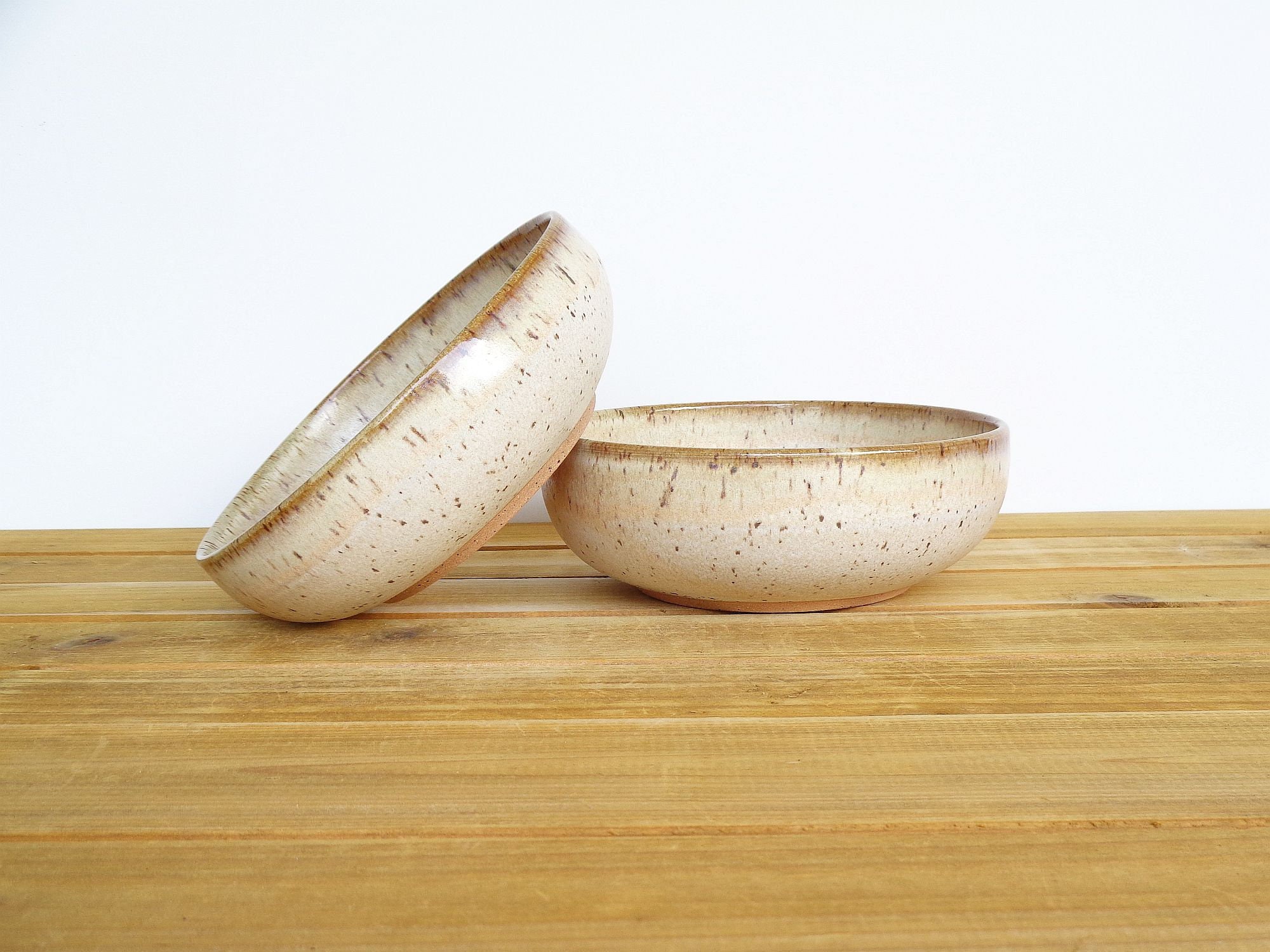 Rustic Pottery Soup Bowls in Satin Oatmeal Glaze, Stoneware Ceramic - Set Of 2