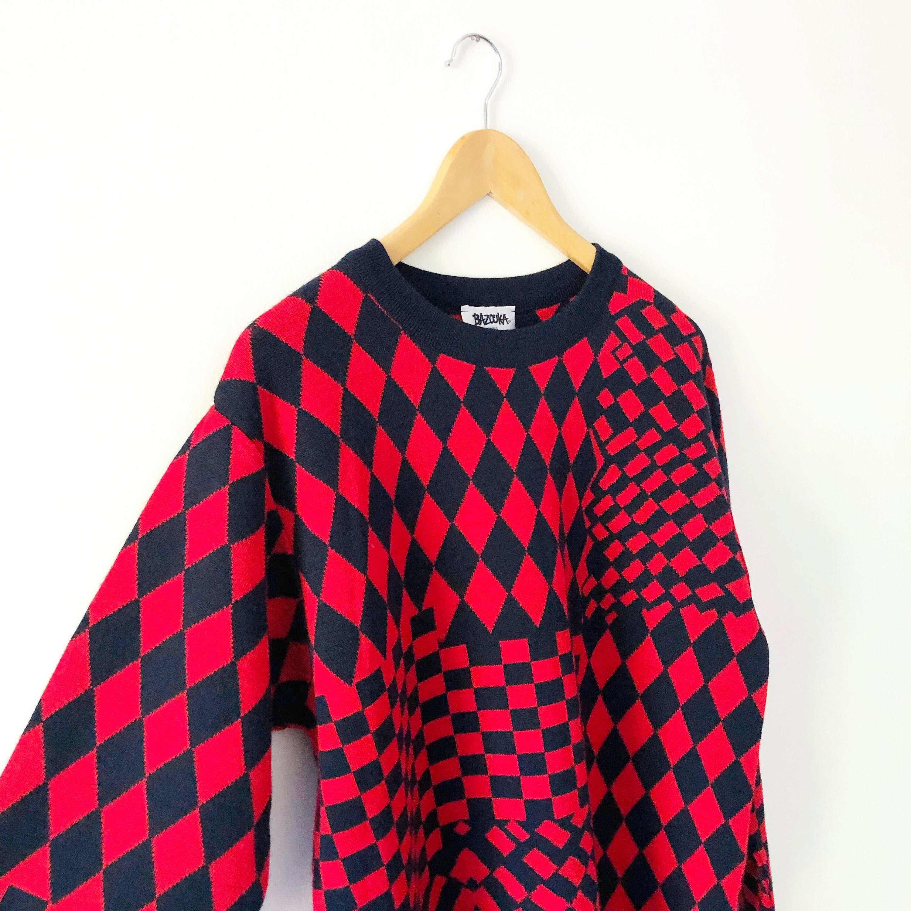 Vintage 90S Long Wool Blend Red & Blue Checkered Geometric Print Knit Sweater, Made in France, Size L