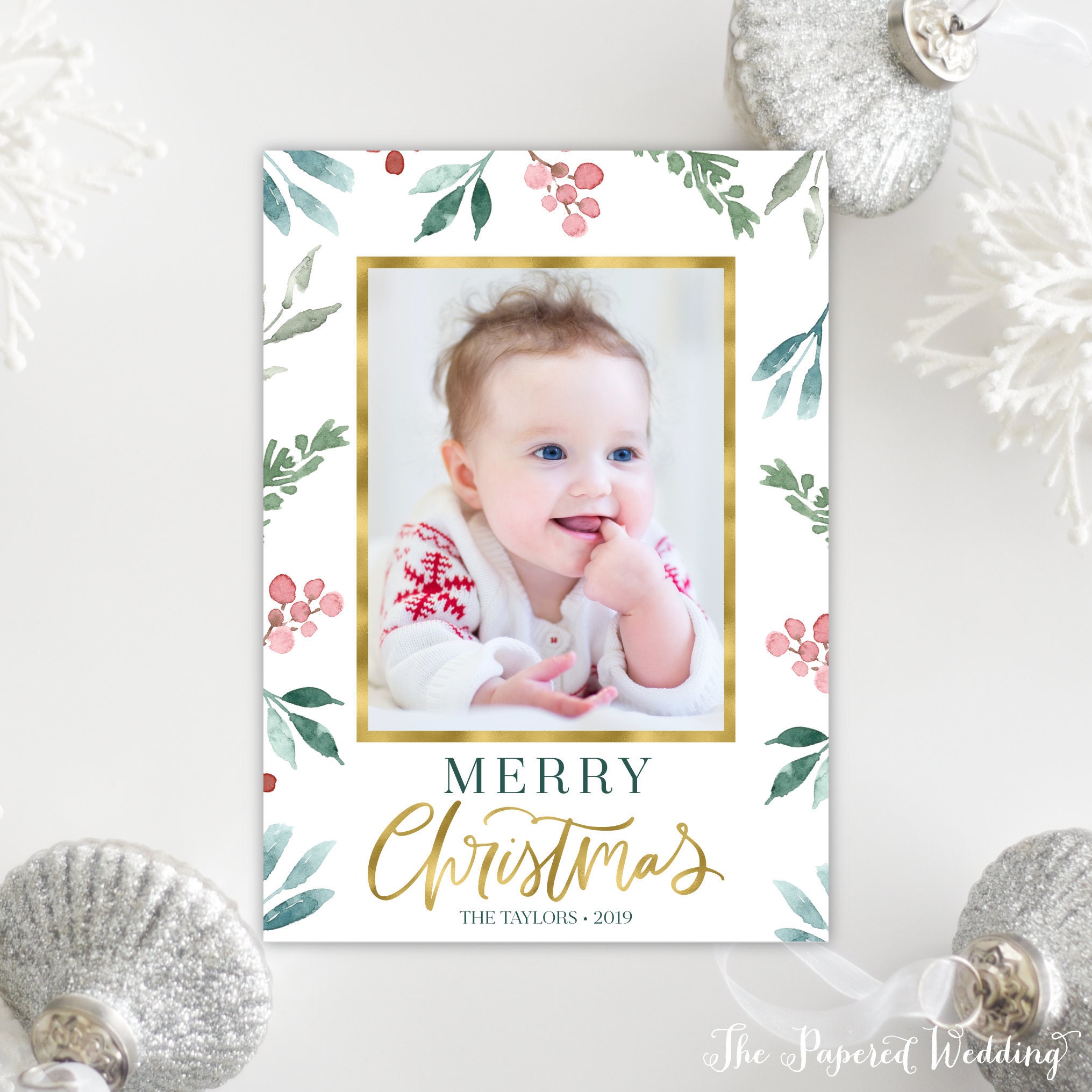 Printable Or Printed Red & Green Picture Christmas Cards With Faux Gold Foil - Photo Holiday with Greenery & Berries 096 P1