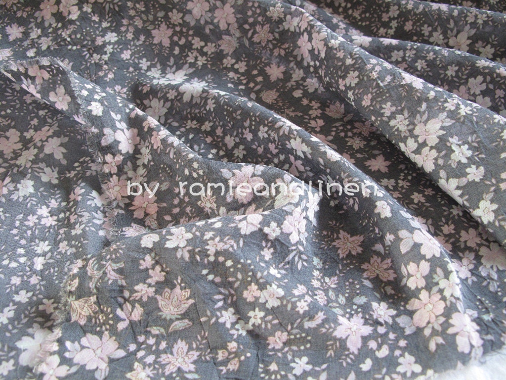 Cotton Fabric, Blend Floral Print Light Pink On Grey, Dress Shirt Half Yard By 45 Wide