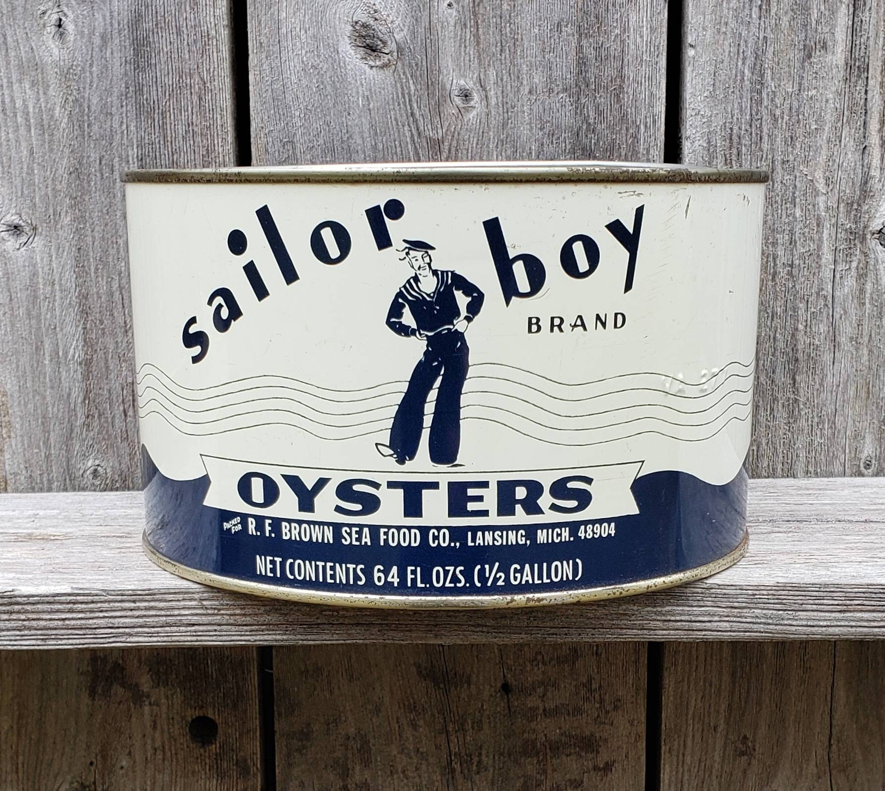 Vintage Oyster Tin Sailor Boy Half Gallon Advertising Can From R. F. Brown Lansing Michigan
