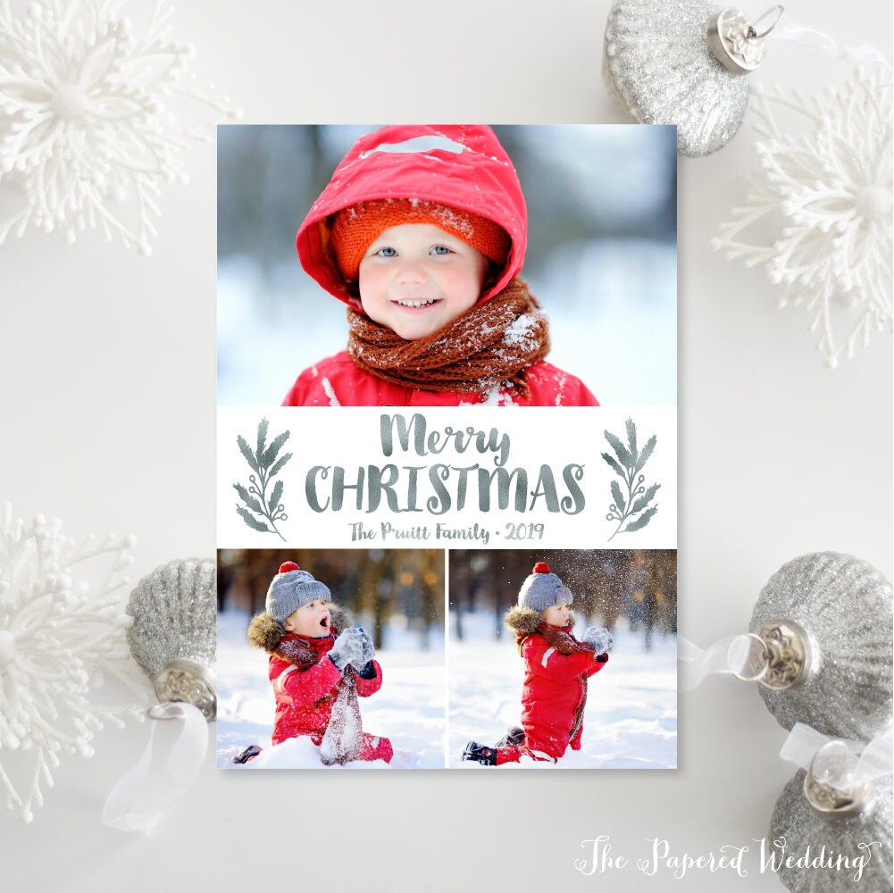 Printable Or Printed Photo Christmas Cards With Three Pictures - Faux Silver Foil Laurel Branch Holiday 046 P3